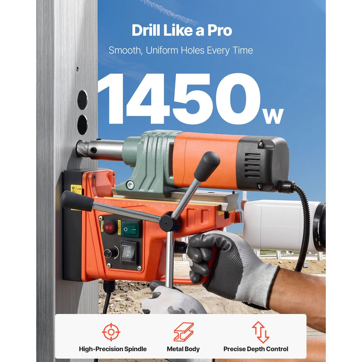 Magnetic Drill, 1450W Motor 2 in Coring Diameter, 2922 lbf Magnetic Force