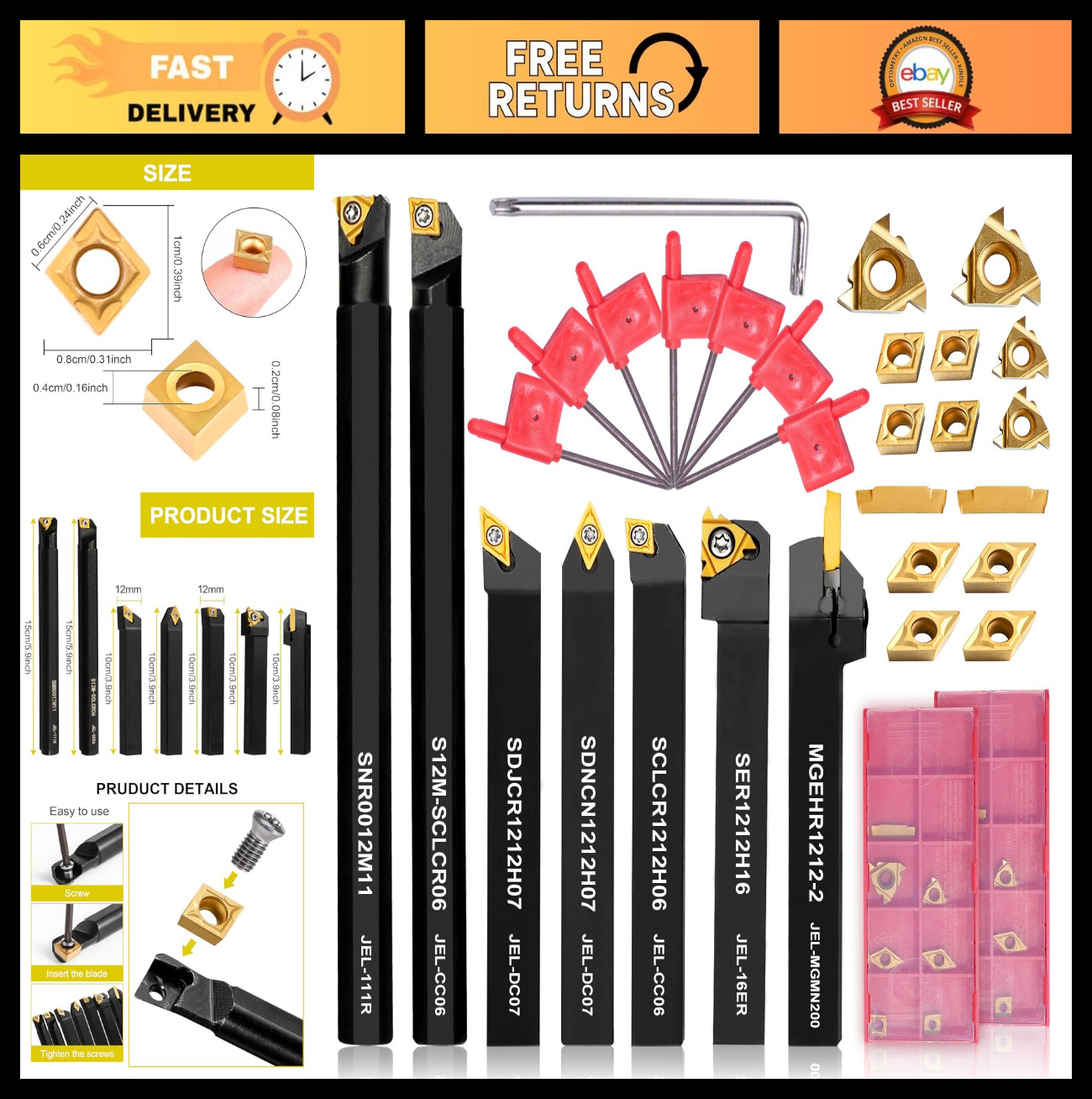 21PCS Indexable Lathe Tool Kit – 1/2″ Shank Turning Holders & Carbide Inserts