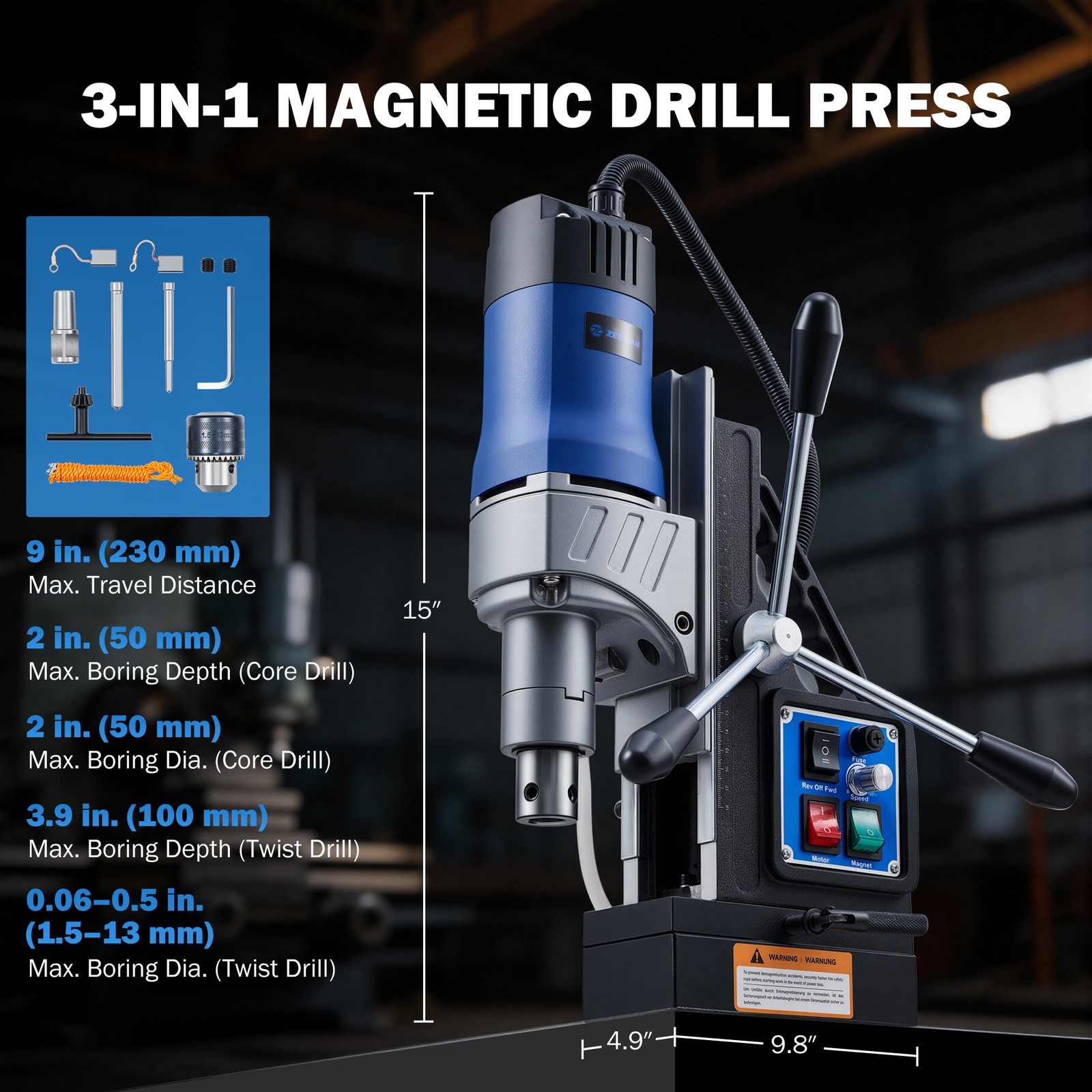 ZELCAN 1550W Magnetic Drill Press 2″ Boring Dia with Forward/Reverse Drilling