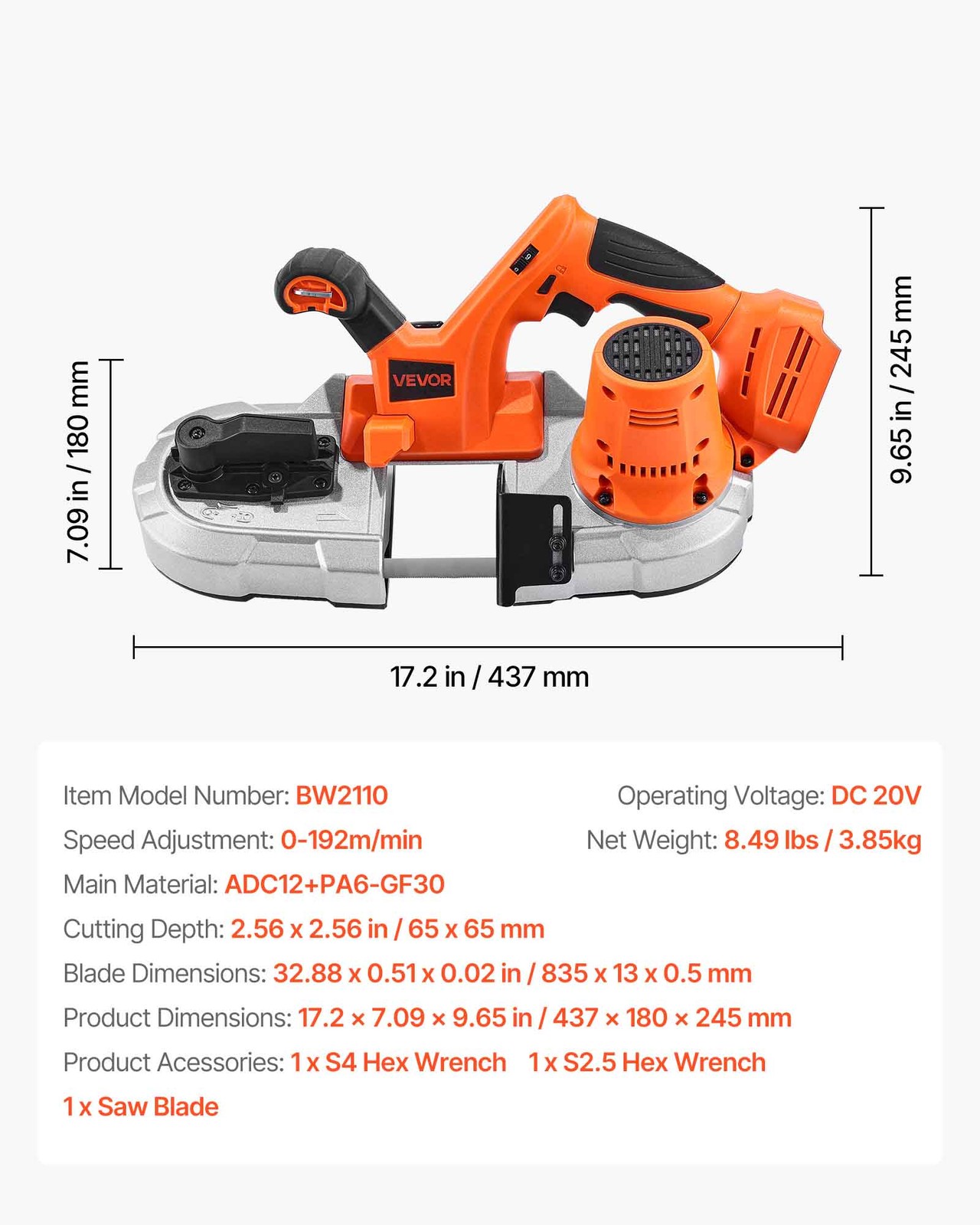 20V Portable Cordless Band Saw 2.56 Inches Deep Cut Variable Speed (Bare Tool)