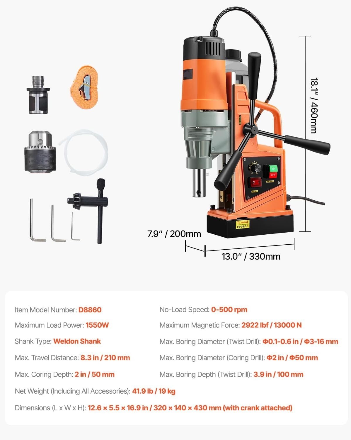 1550W Magnetic Drill Press 2in Boring 10-Speed 500RPM Industrial Drill 2922lbf