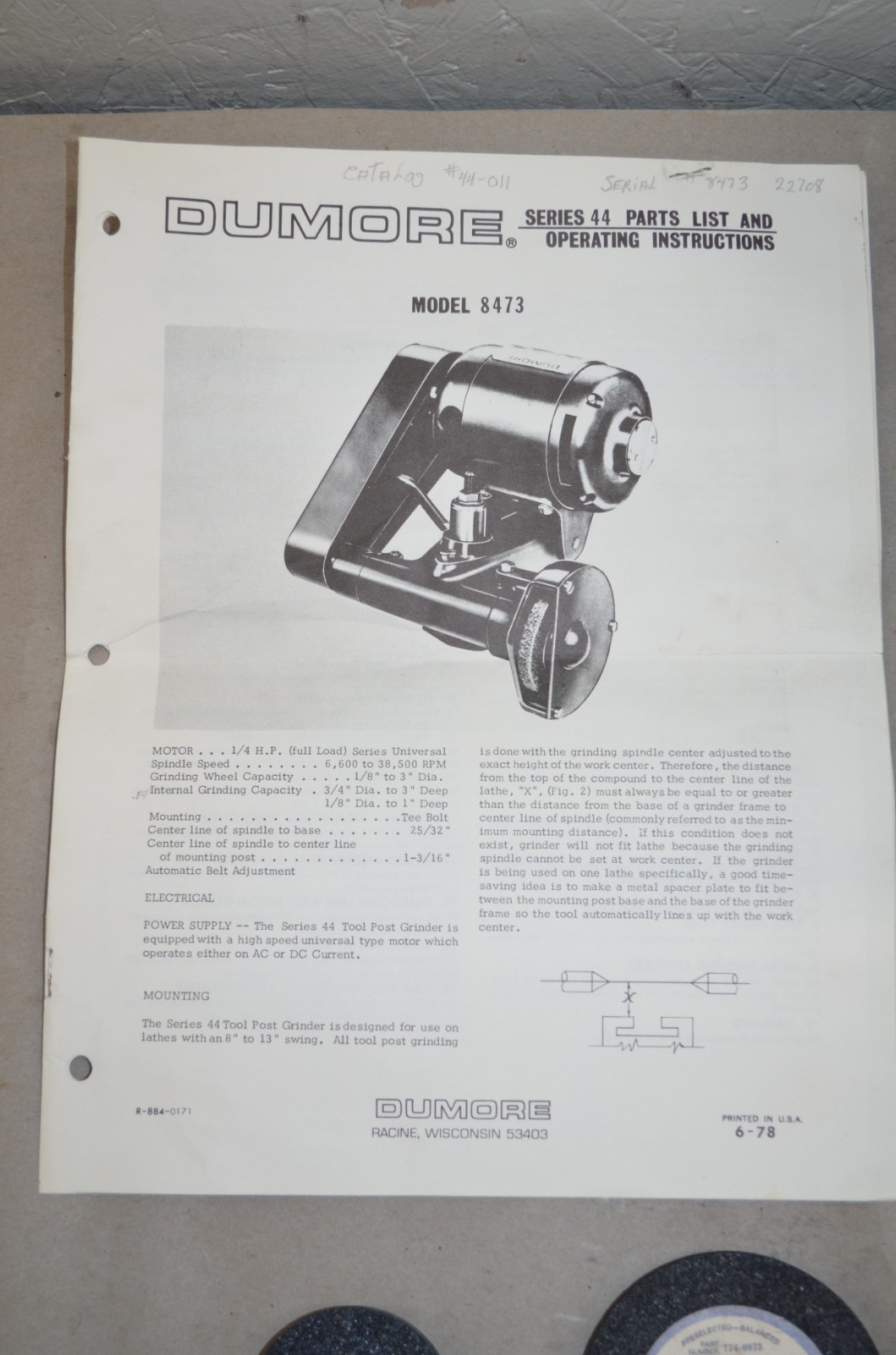 Dumore Tool Post Grinder 44-011 Model 8473, 115Volt, 1/4 HP w/Case & Accessories