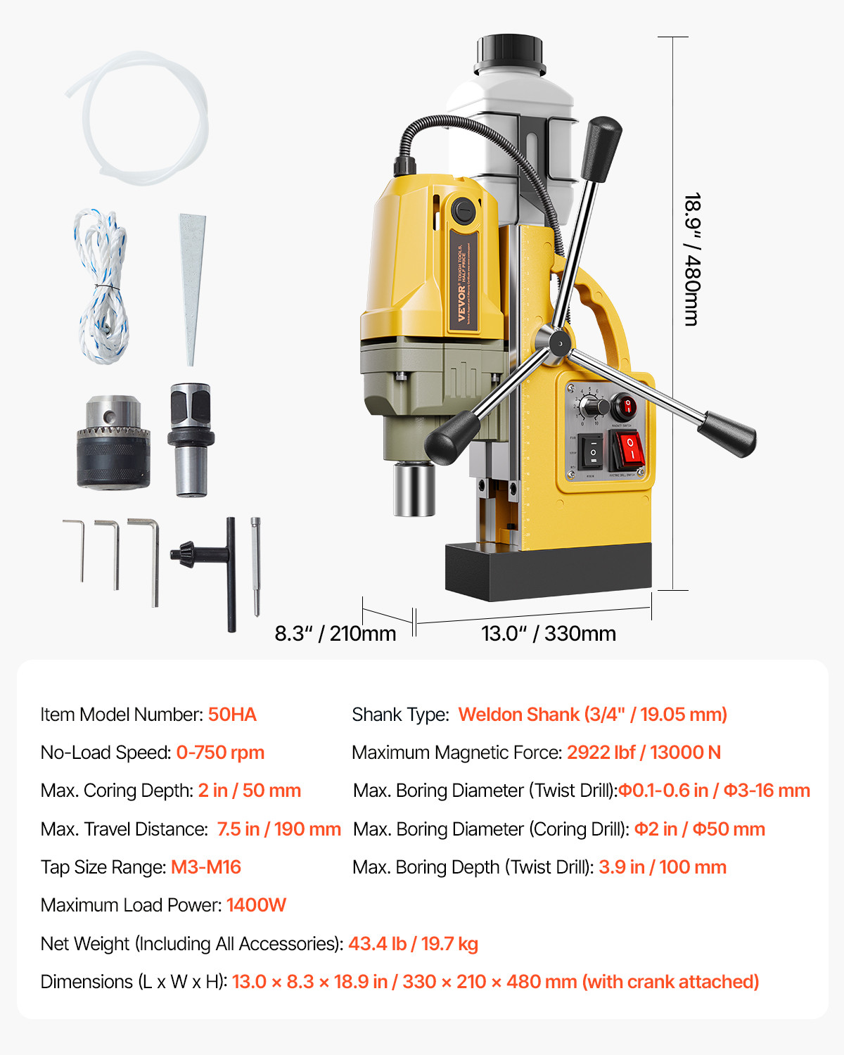 VEVOR Magnetic Drill 1400W 2922 lbf Mag Drill Press 2 in Boring Diameter