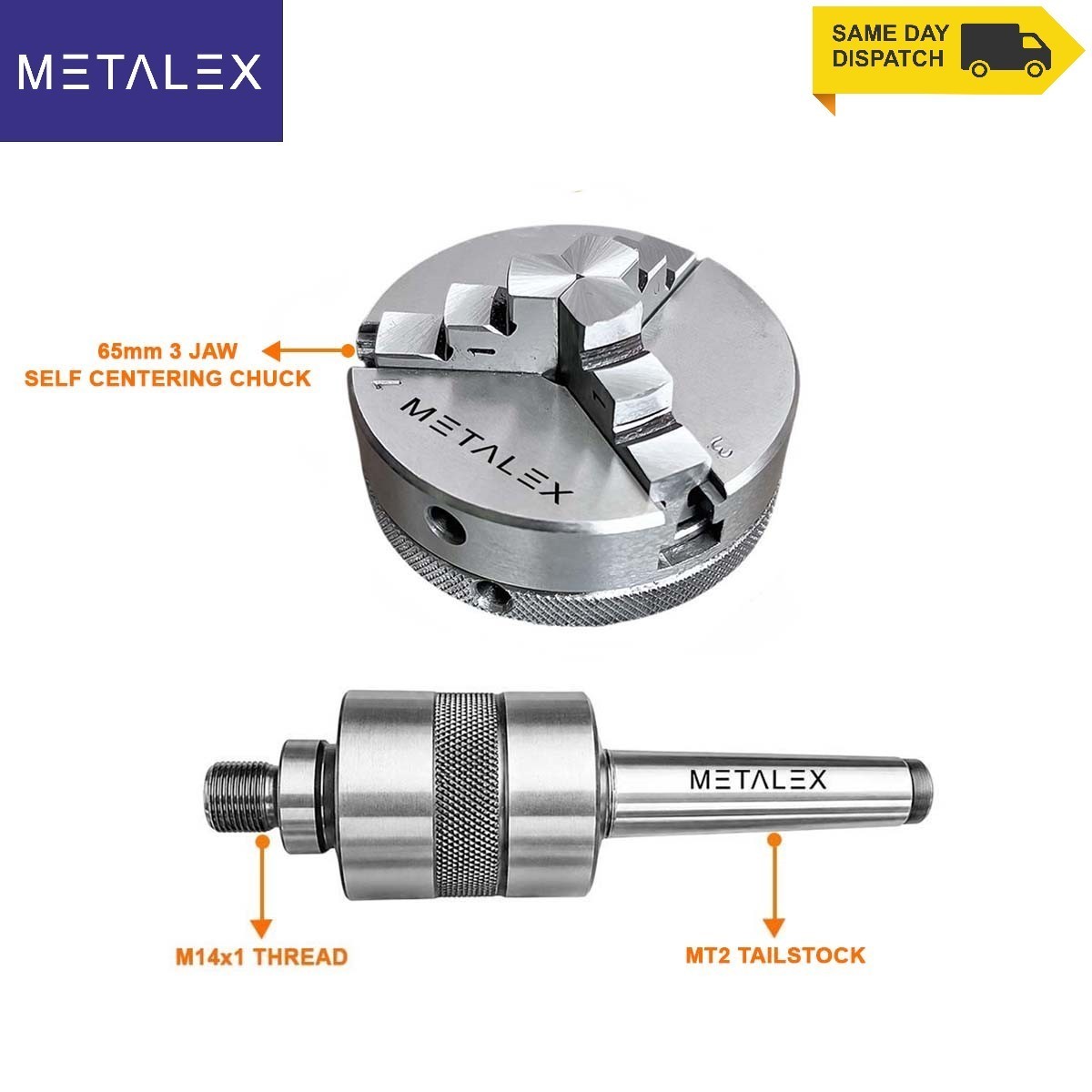 65mm 3 Jaw 2.5″ Self Centering Lathe Chuck MT2 Live Revolving Tailstock Adapter