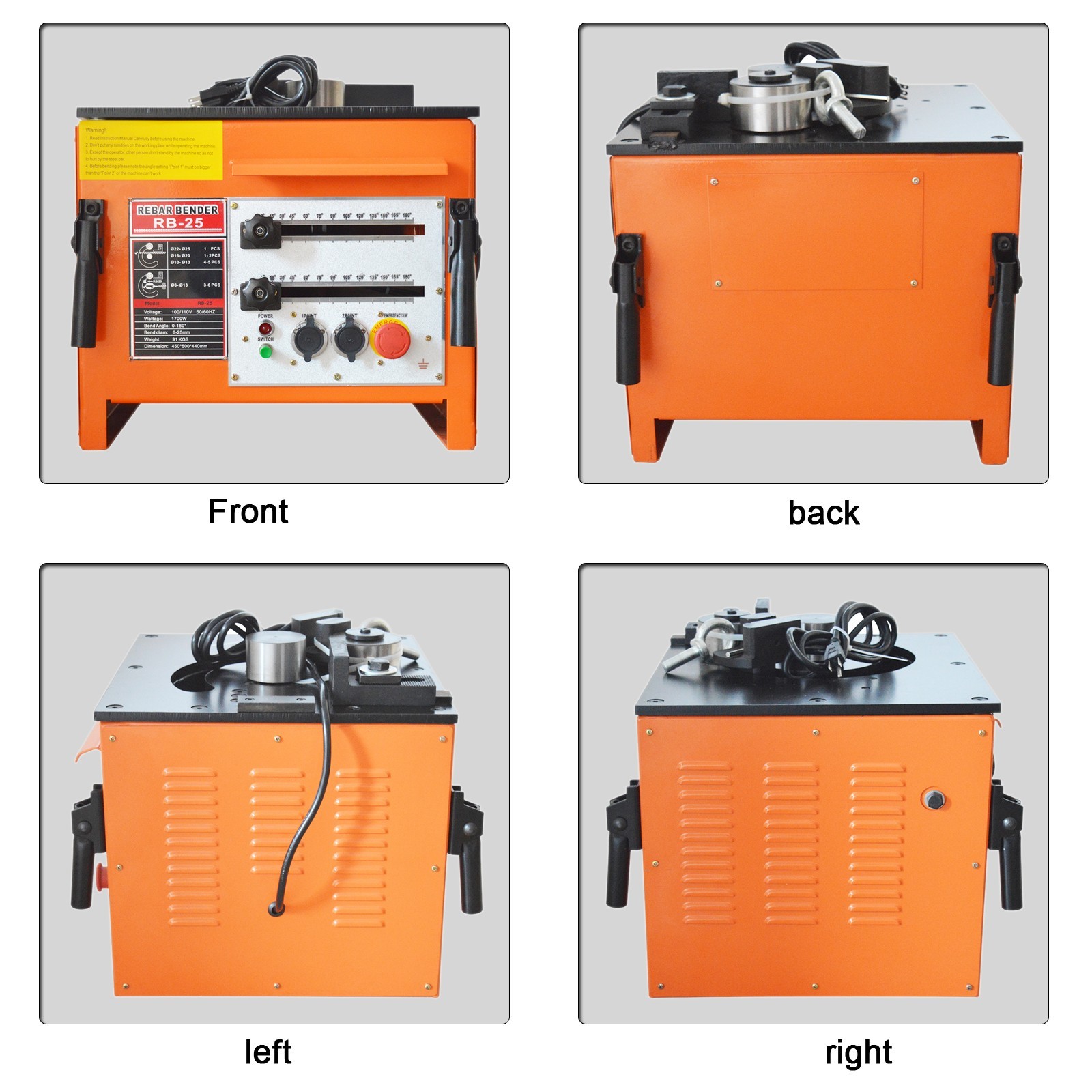 Electric Rebar Bender (110V, 1700W / 2.3HP, 6-25mm / #2-#8 Rebar, 0-180°)