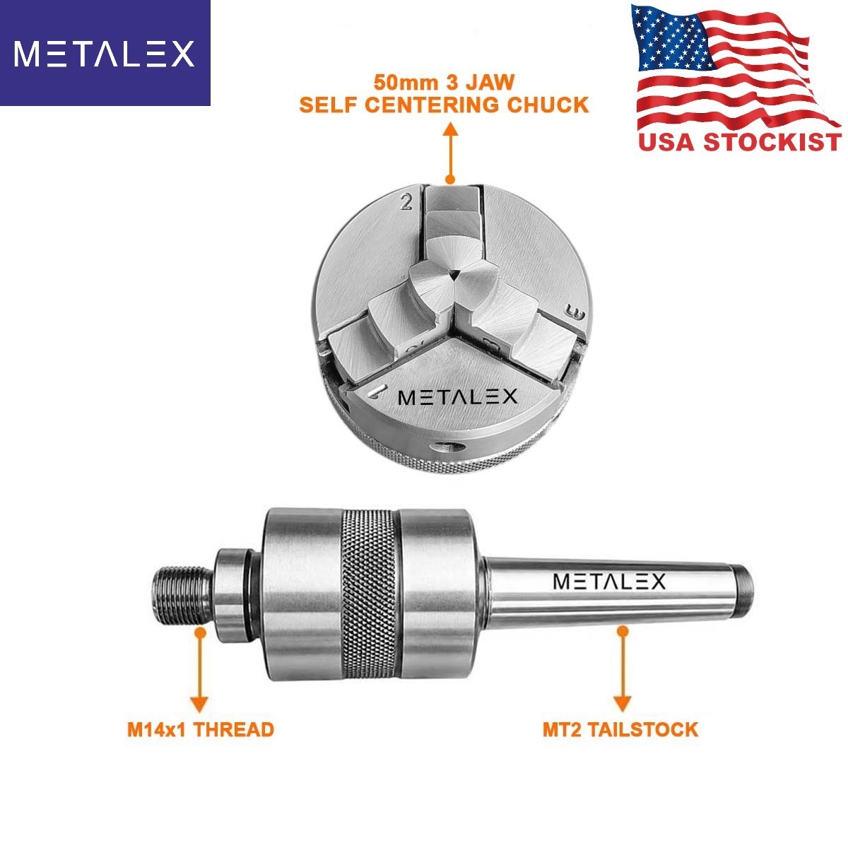 50mm 3 Jaw Self Centering Lathe Chuck MT2 Live Revolving Tailstock Adapter Set