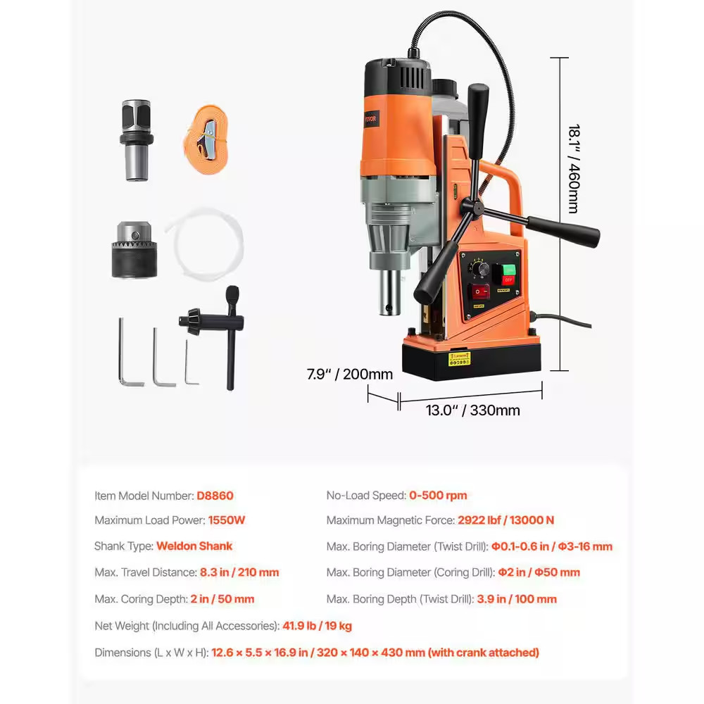 Magnetic Drill, 1550W Motor 2 In. Boring Diameter, 2922 Lbf Portable Electric Ma