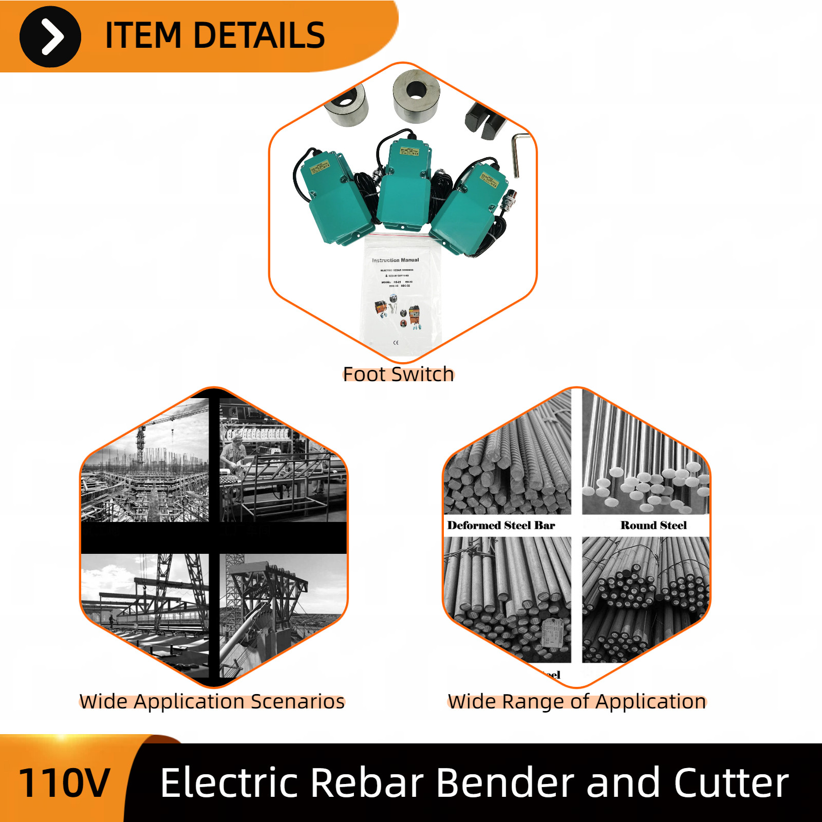 Electric Rebar Bender Cutter Machine 110V 6-32mm 0-180° for Steel Bar Processing