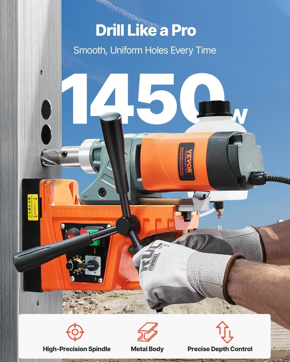 1450W Portable Magnetic Drill Press with 6 Coring Bits – Precise Metal Drilling