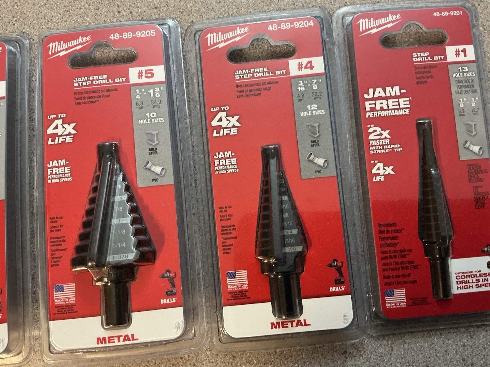 MILWAUKEE STEP DRILL BIT LOT OF 4 #12 #5 #4 & #1 NEW CLAUSING DRILL PRESS