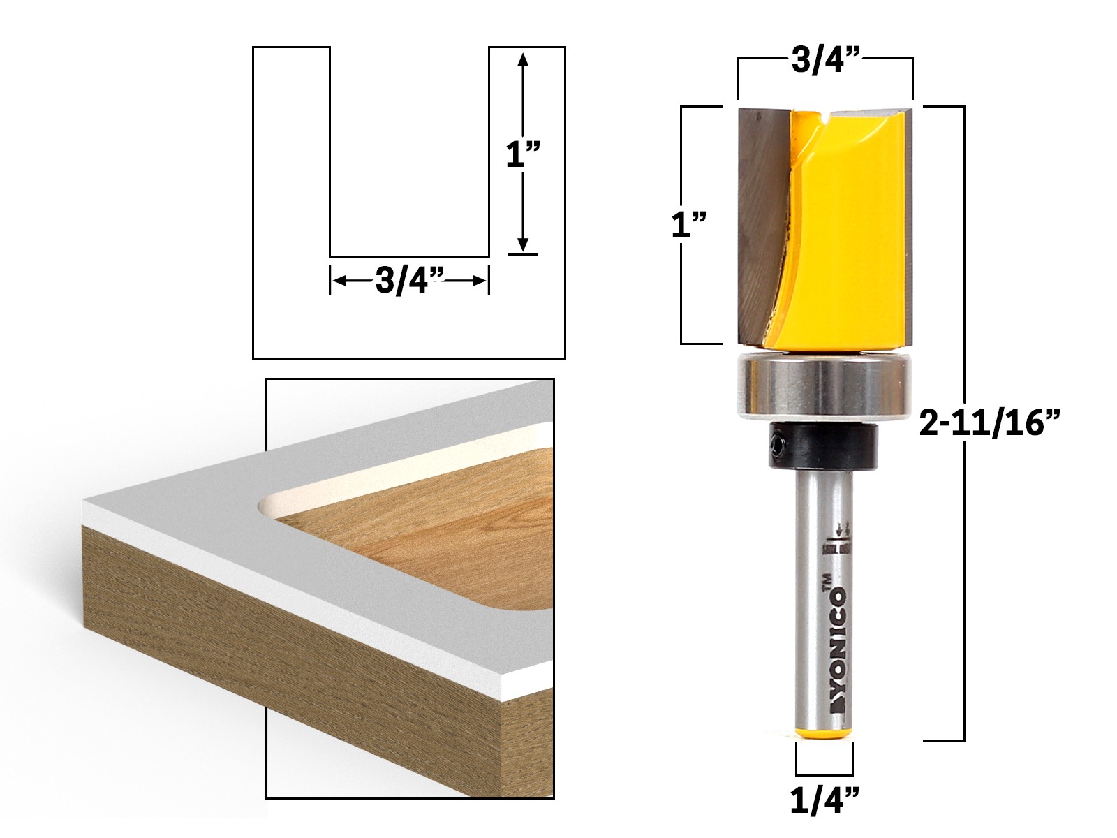 4 Bit 3/4″ Diameter Flush Trim Router Bit Set – 1/4″ Shank – Yonico 14425q