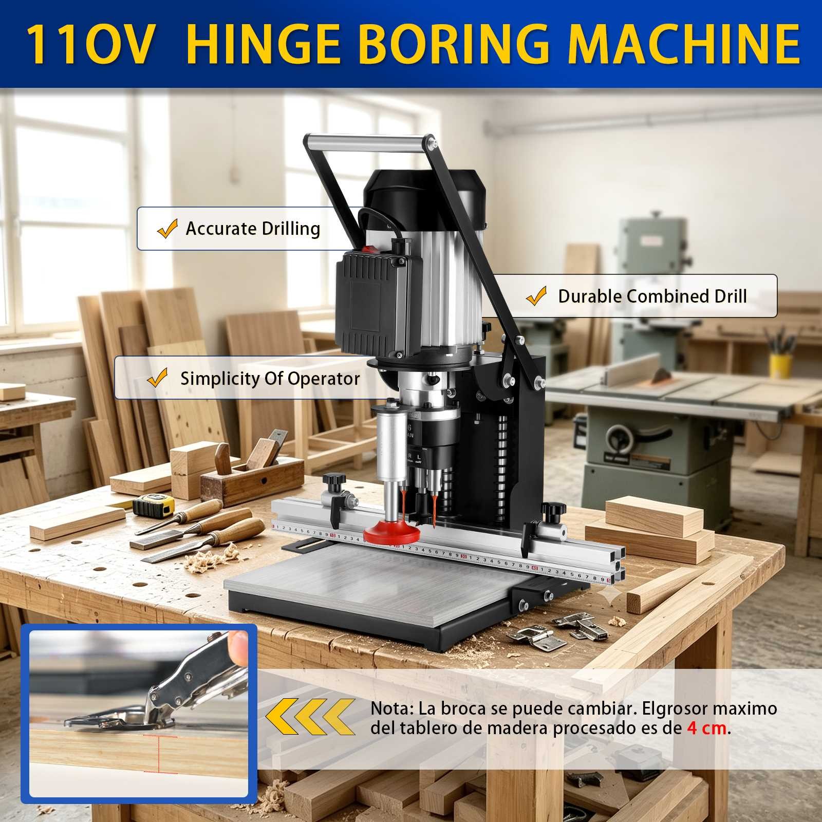 1100W Manual Hinge Drilling Machine Woodworking Boring Includes Two Drill Bits