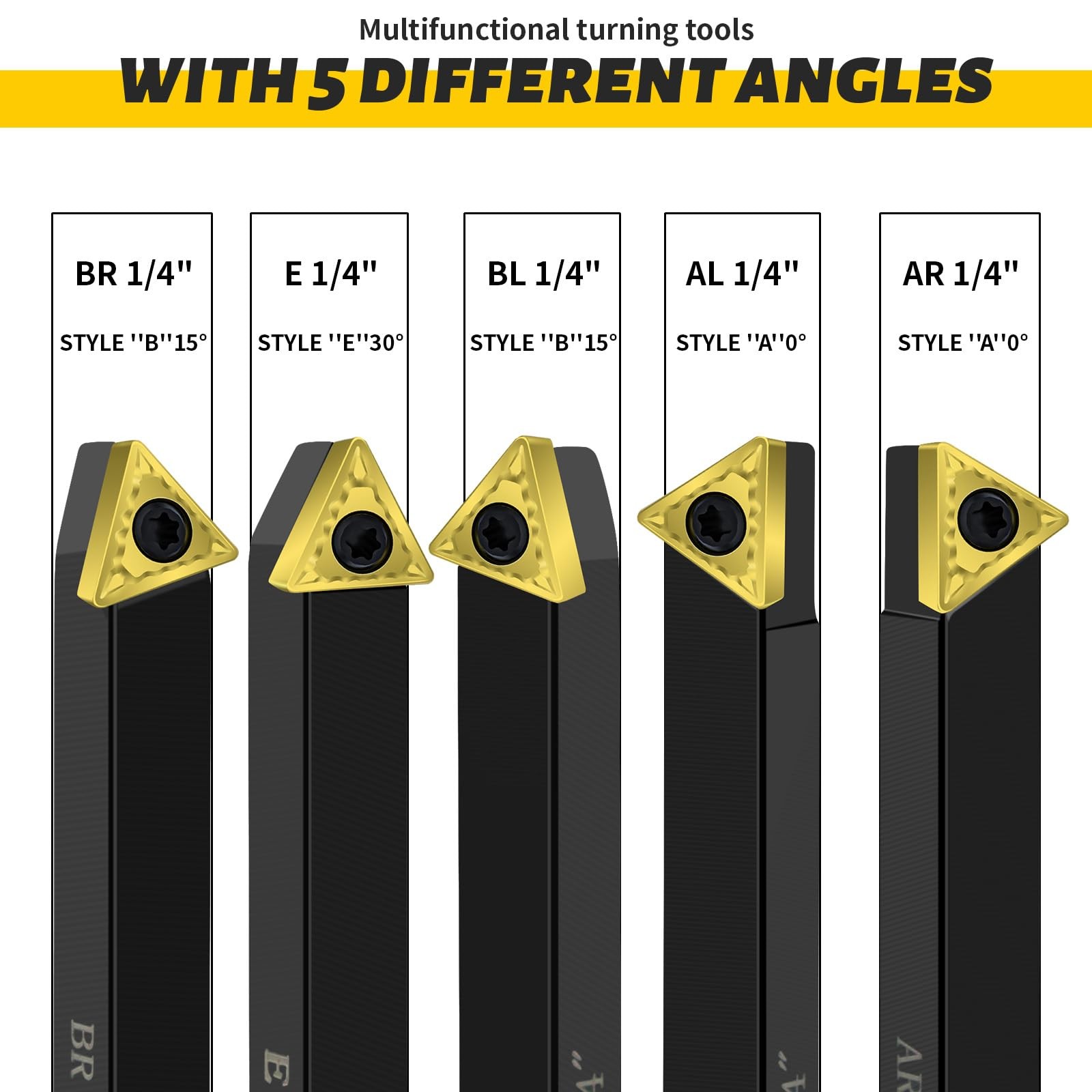 Metal Lathe Cutting Tools,5pcs 1/4” Shank Indexable Carbide Lathe Turning Tool