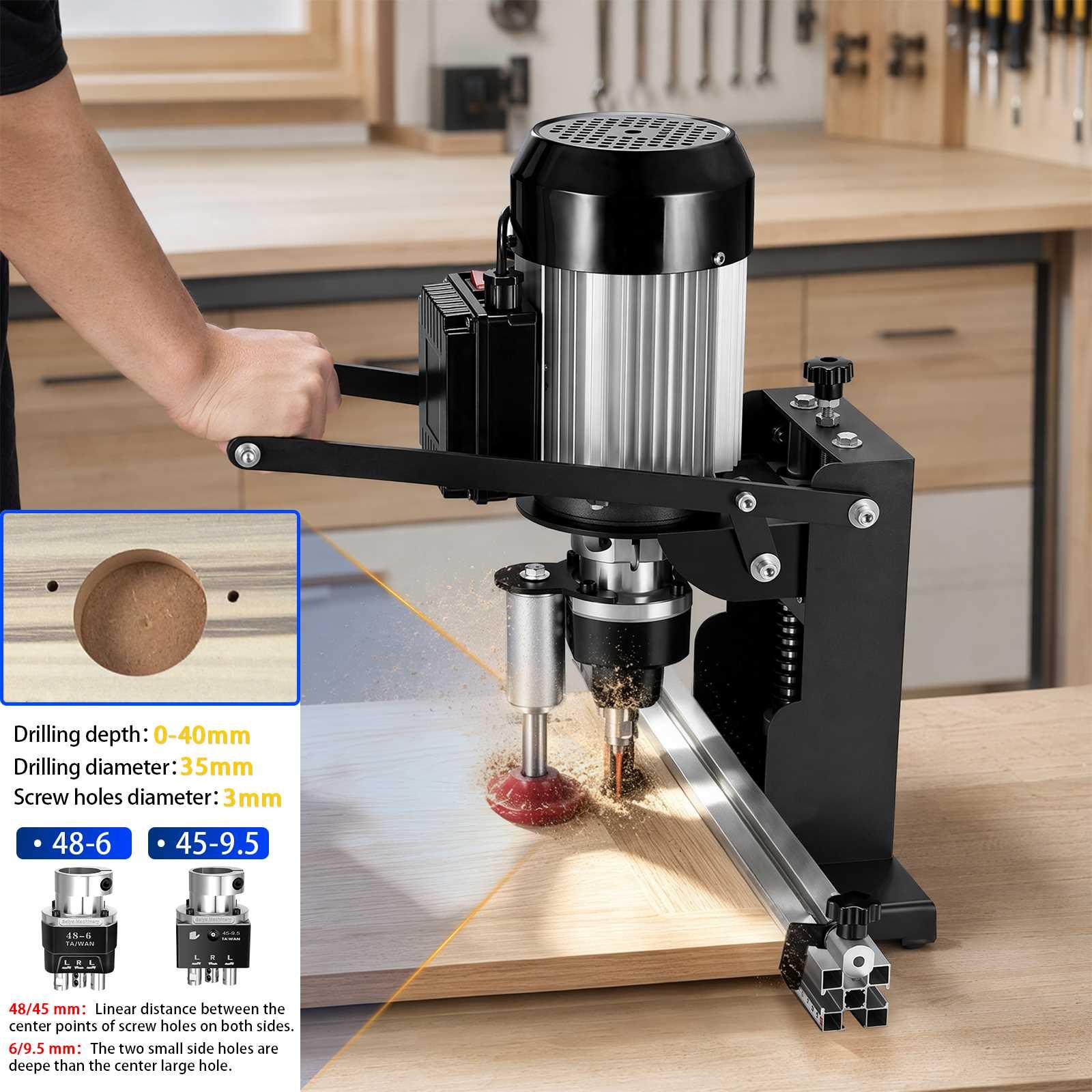 1100W Manual Hinge Drilling Machine Woodworking Boring Includes Two Drill Bits