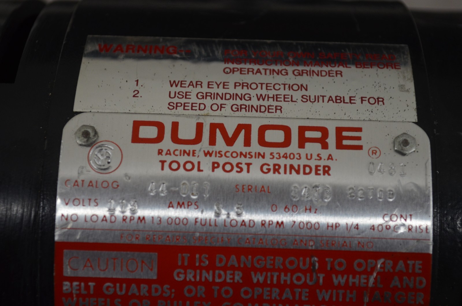 Dumore Tool Post Grinder 44-011 Model 8473, 115Volt, 1/4 HP w/Case & Accessories