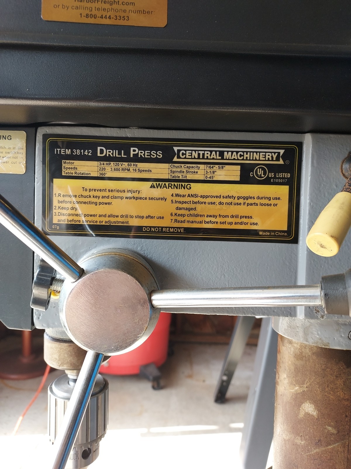 13″ Pedestal Drill Press By Central Machinery, 3/4 HP, 1/2″ Chuck, 220RPM