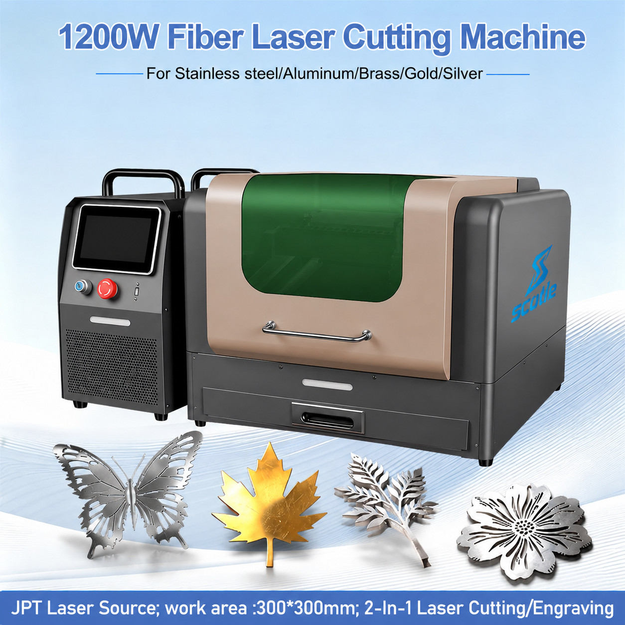 1200W JPT Desktop Metal Laser Cutter 2-in-1 Cutting Engraving Air-Cooled Lighter