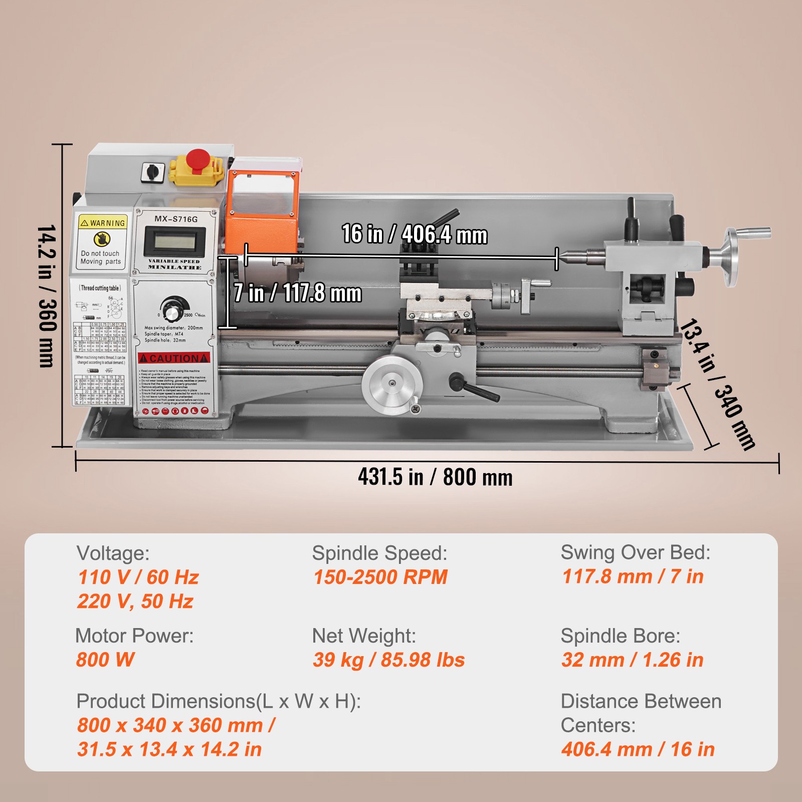 Mini Metal Lathe,7”x16”,800W Precision Benchtop Power Metal Lathe,150-2500 RPM