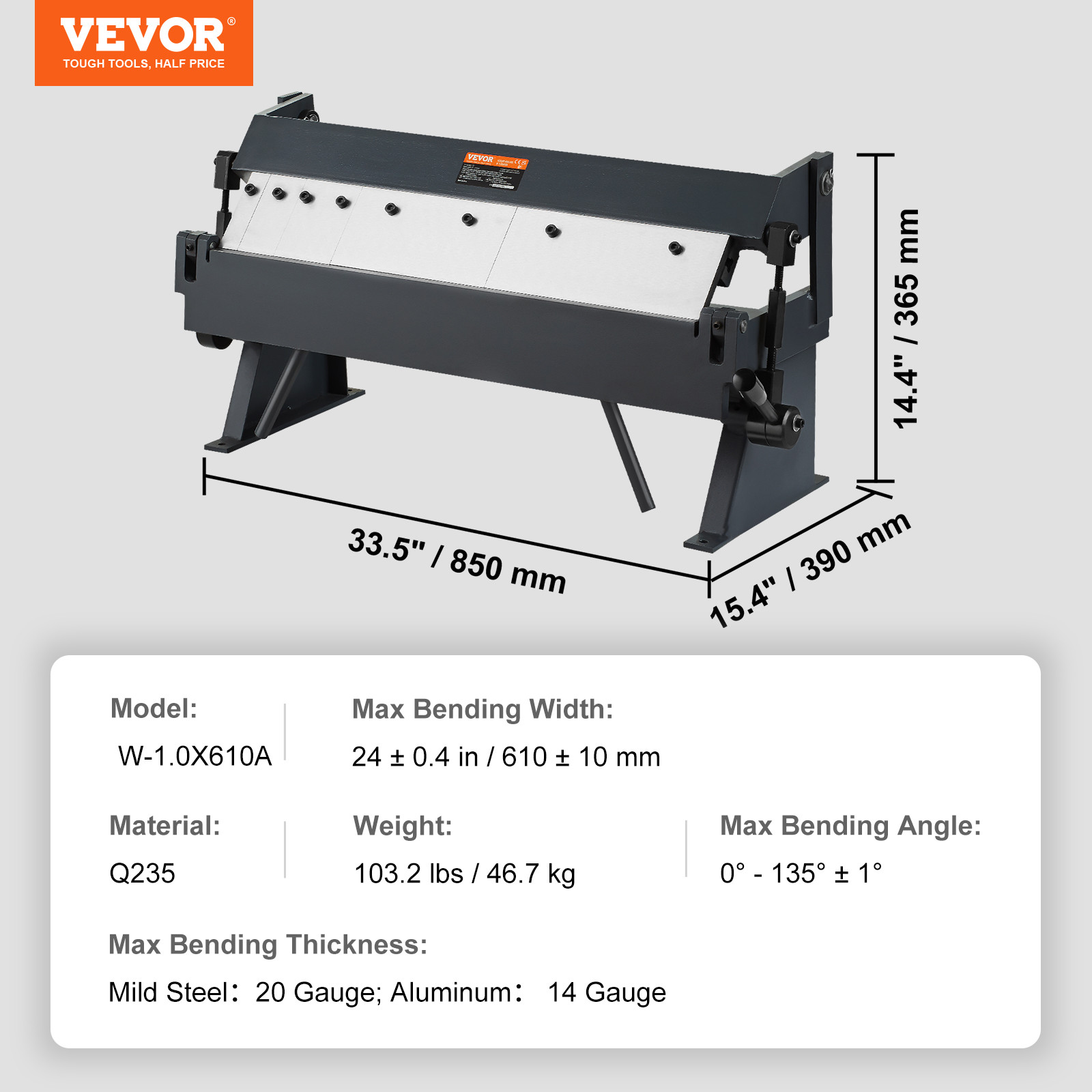 VEVOR 24 in Sheet Metal Bender 0-135° Brake Bending 14 Gauge Removable Fingers