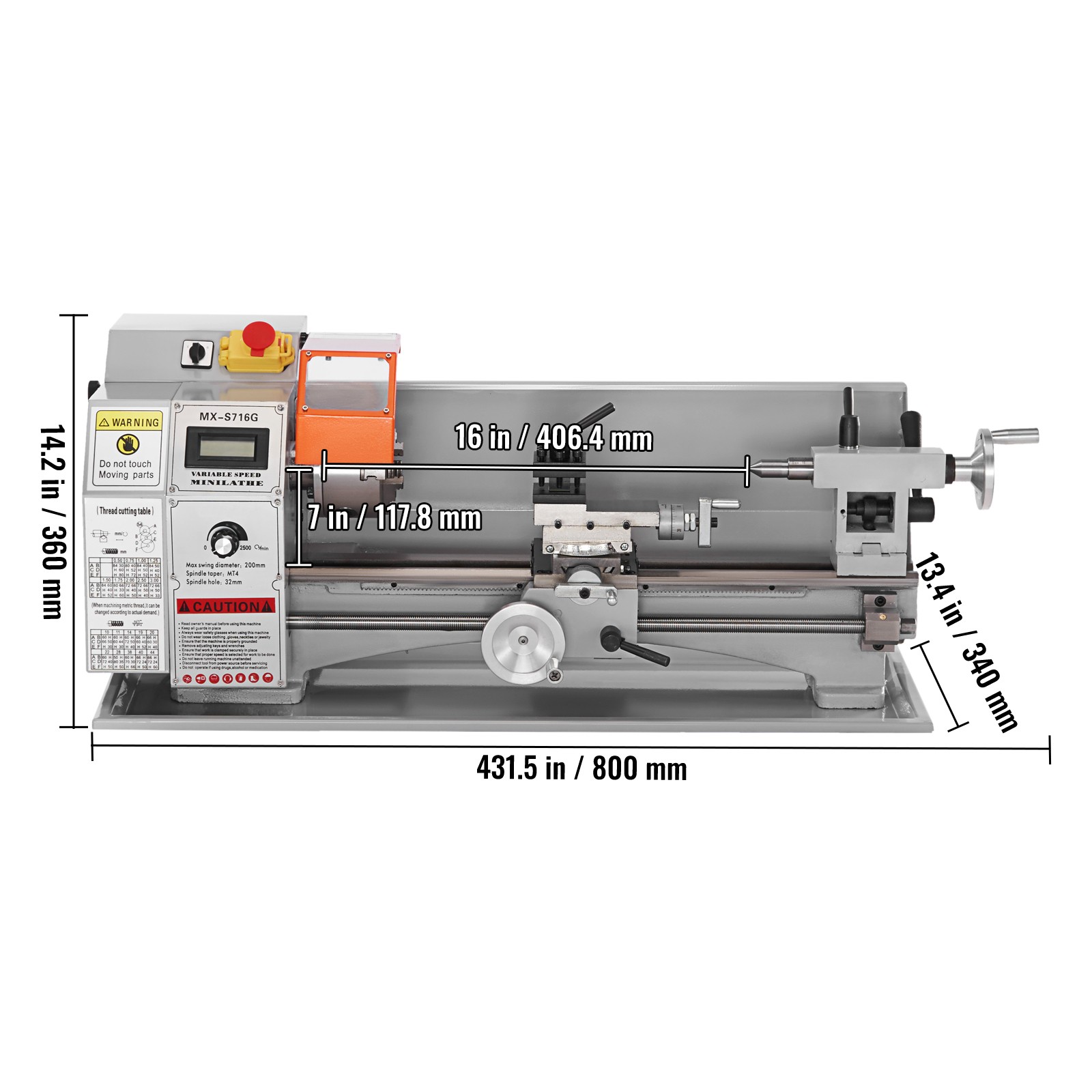 Mini Metal Lathe,7”x16”,800W Precision Benchtop Power Metal Lathe,150-2500 RPM
