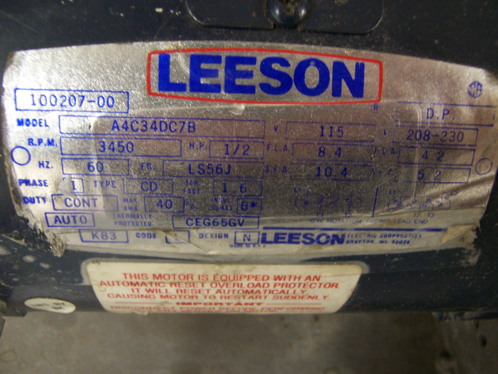9430 LEESON A4C34DC7B CUSTOM GRINDER 3450 RPM 1/2 HP 115 VOLT
