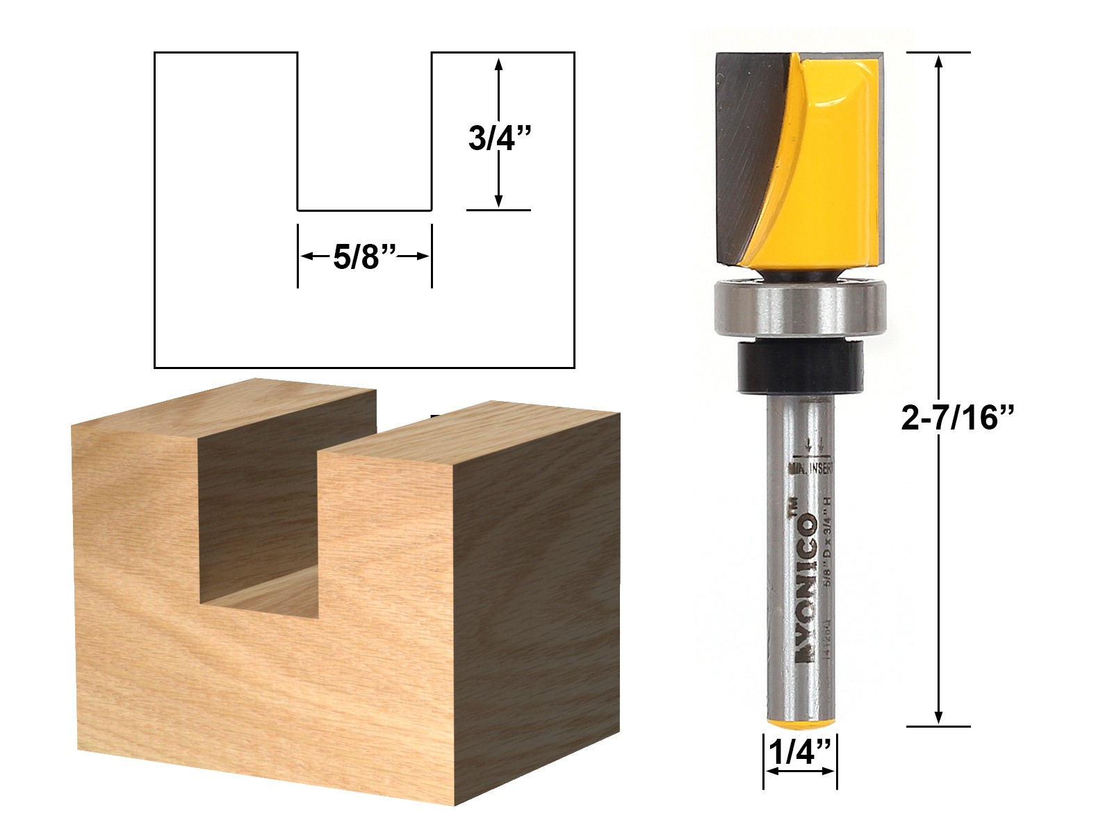 3 Bit 5/8″ Diameter Flush Trim Router Bit Set – 1/4″ Shank – Yonico 14324q