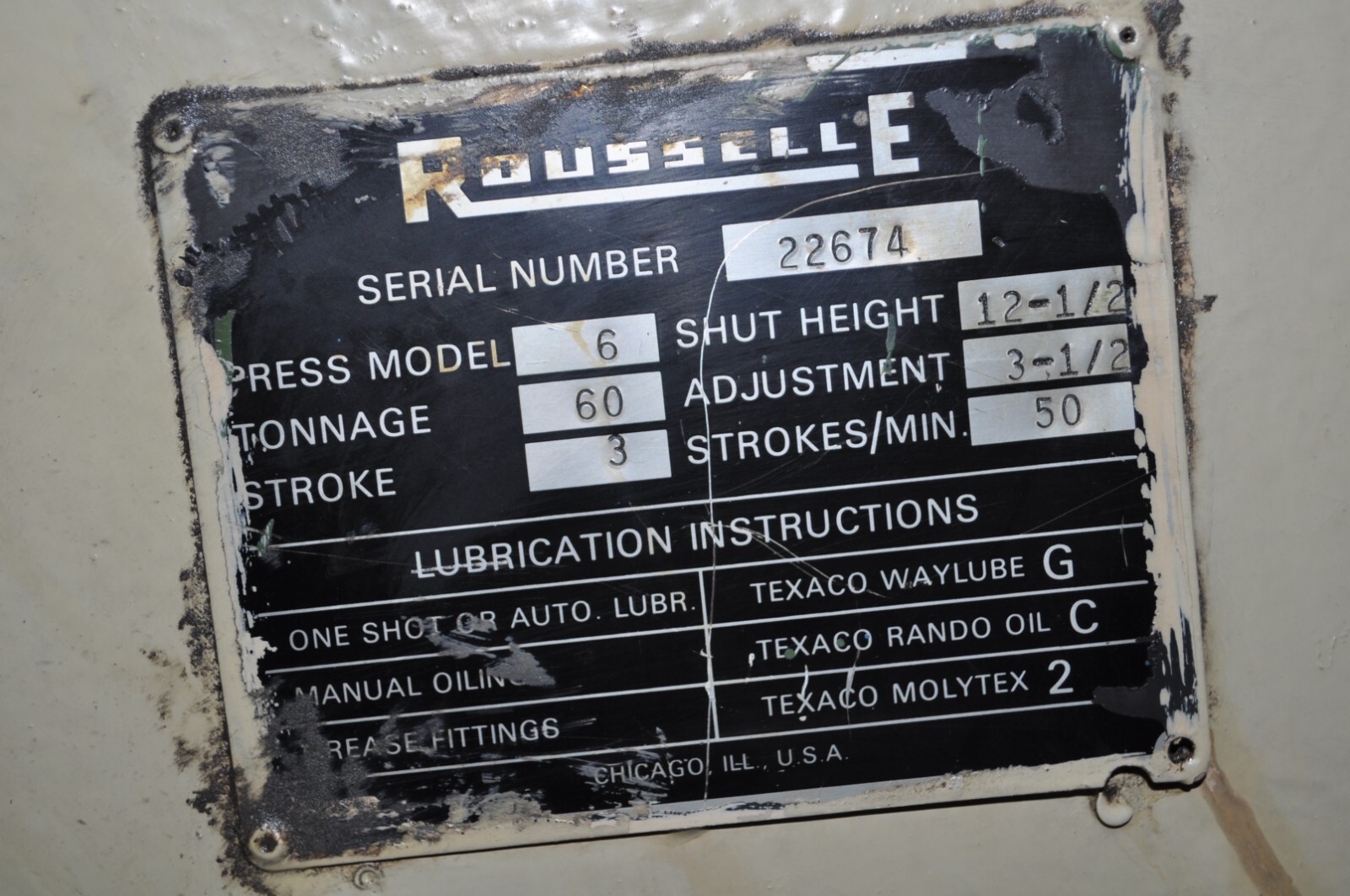 60 TON ROUSSELLE OBI PRESS 3″ STROKE 12.5″ SHUT HEIGHT 3.5″ ADJUSTMENT 50 SPM