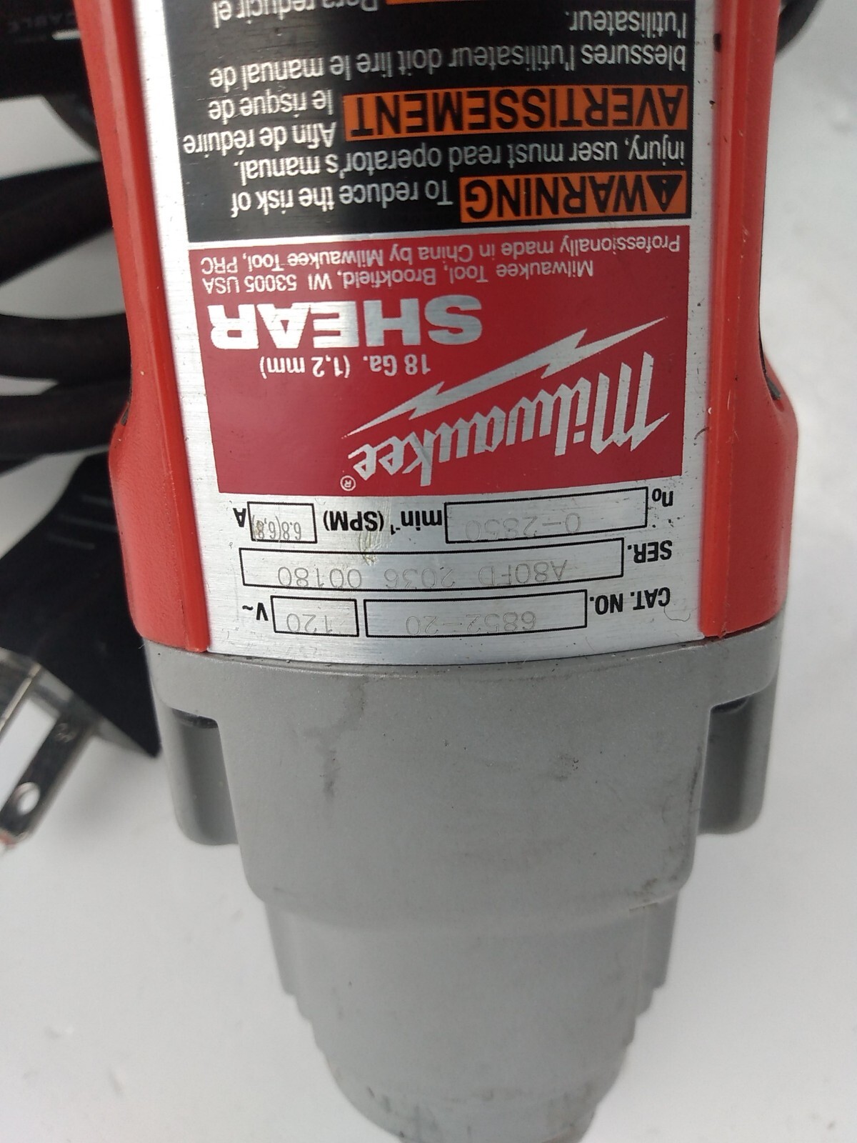 Milwaukee 6852-20 BROKEN Corded 18-Gauge Sheet Metal Shear 6.8 Amp Motor BROKEN