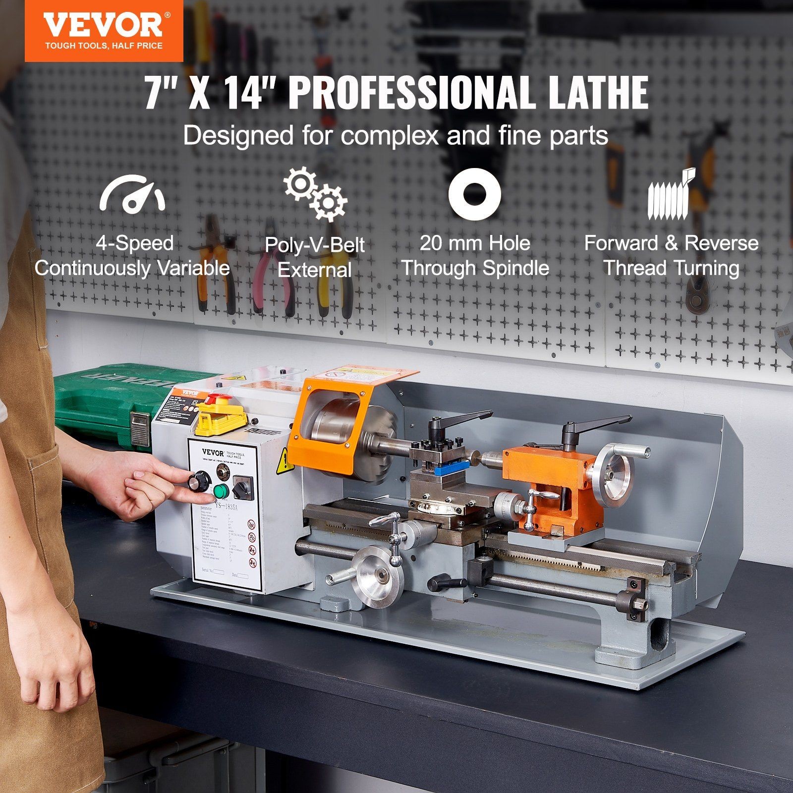 7×13.78in Workshop Lathe Machine 500W 0-2200RPM Precision Gear Set