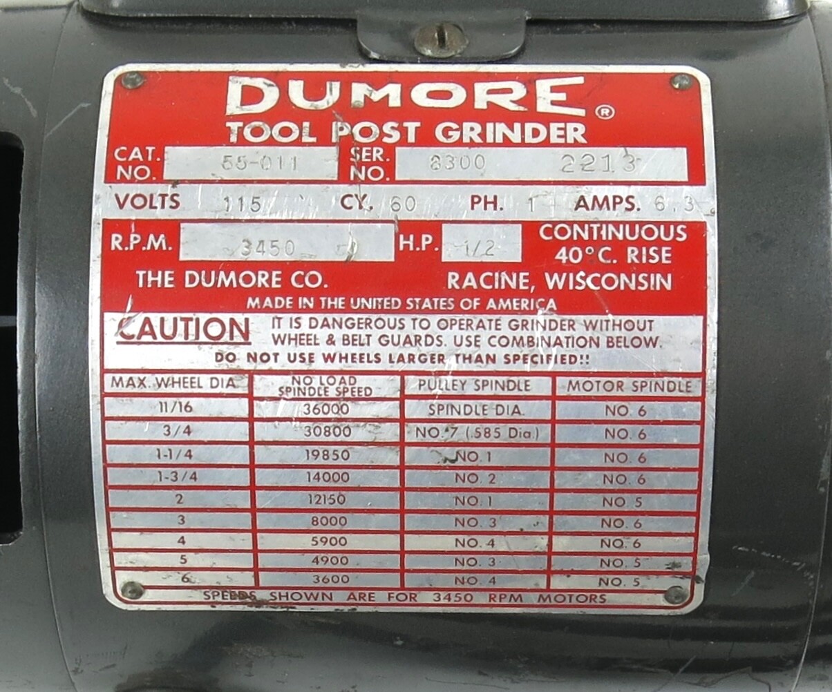 Dumore Tool Post Grinder Motor Early Model 55-011 (Needs Bearing)