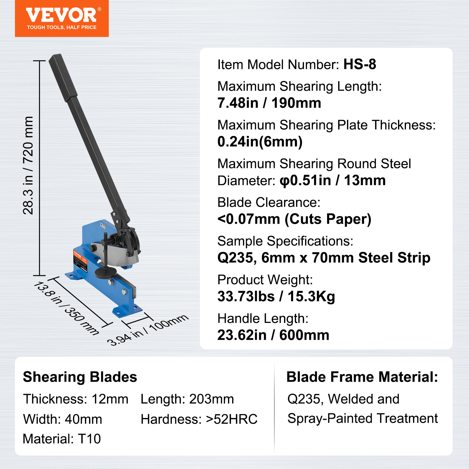 VEVOR 8″ Manual Hand Plate Shear Benchtop Cutter Metal Sheet Processing Q235
