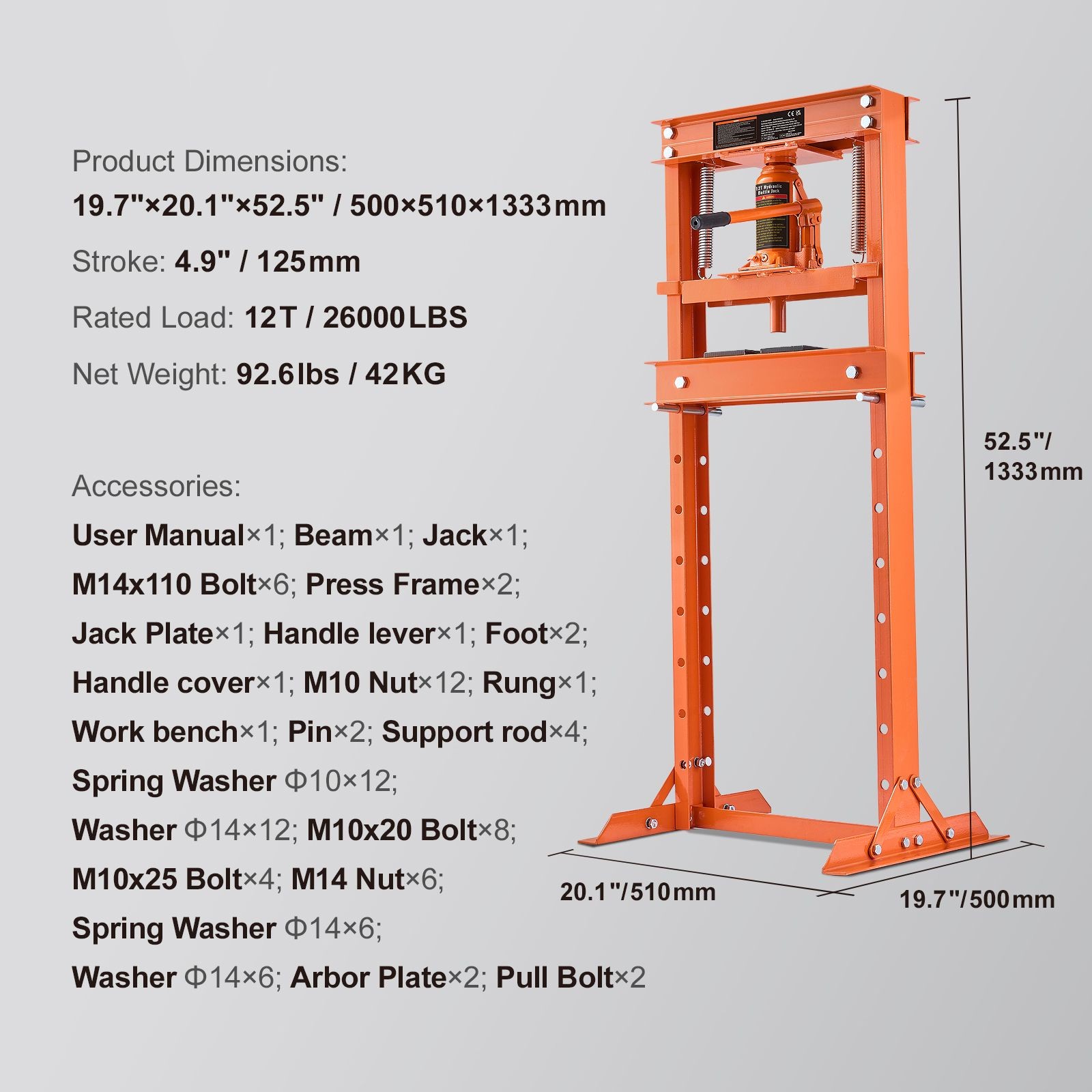 12T H-Frame Hydraulic Shop Press 19.7×20.1×52.5in Heavy Duty Garage