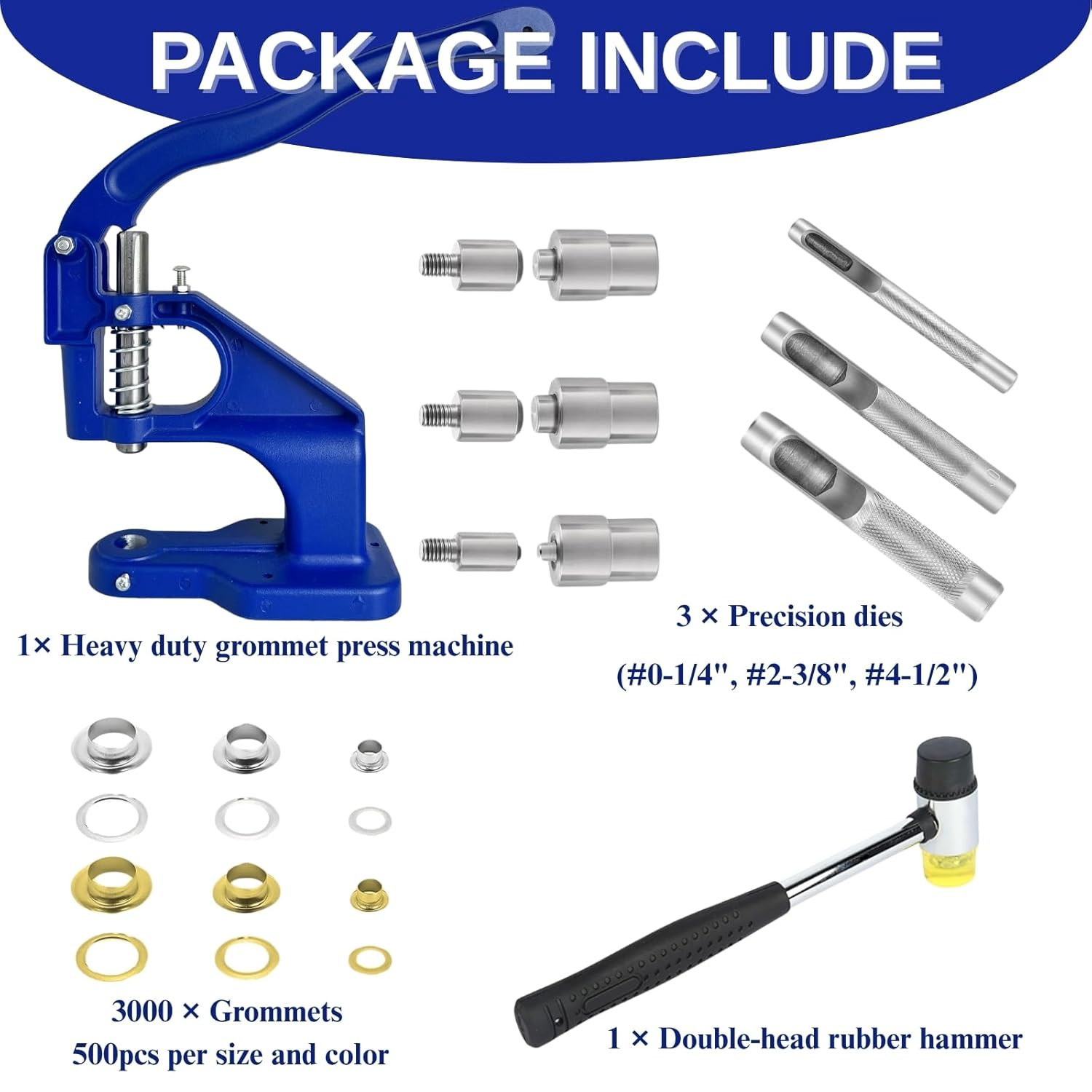 Heavy Duty Hand Press Grommet Tool Kit with 3 Dies & Multi-Size Grommets (1/4, 3