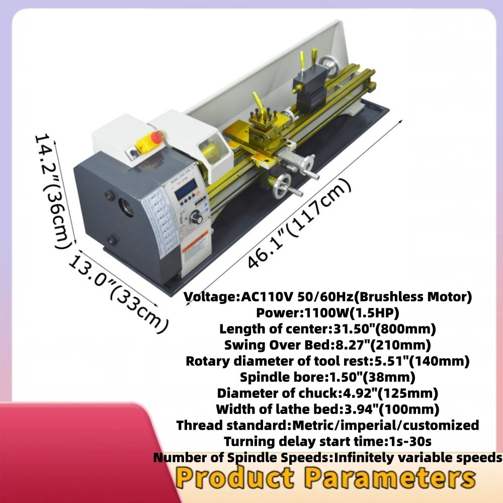 RC-210E 1100W 1.5HP Precision Metal Bench Lathe 110V Brushless Belt Drive