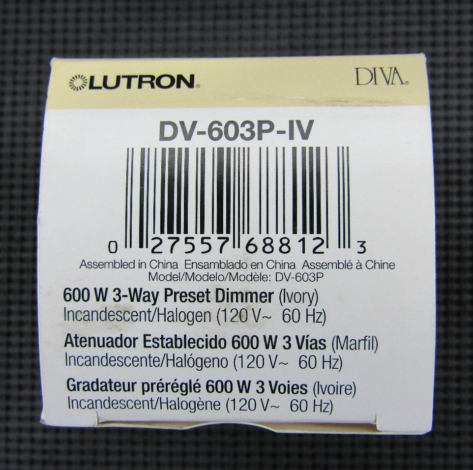 Lutron DV-603P-IV 600W 3 Way Preset Dimmer 120V Incandescent Ivory