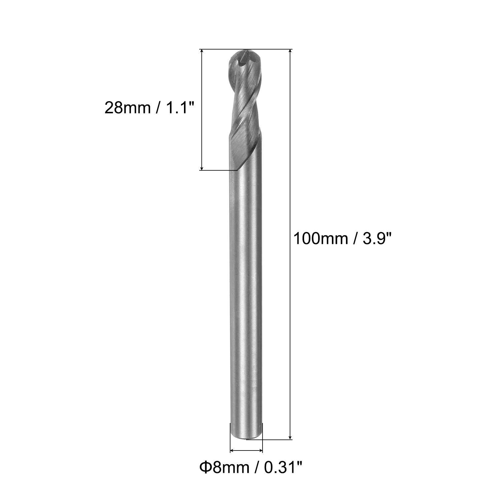 2pcs 8mm Cutting Dia Helical Groove 2 Flutes HSS-AL Ball Nose End Mill Cutter