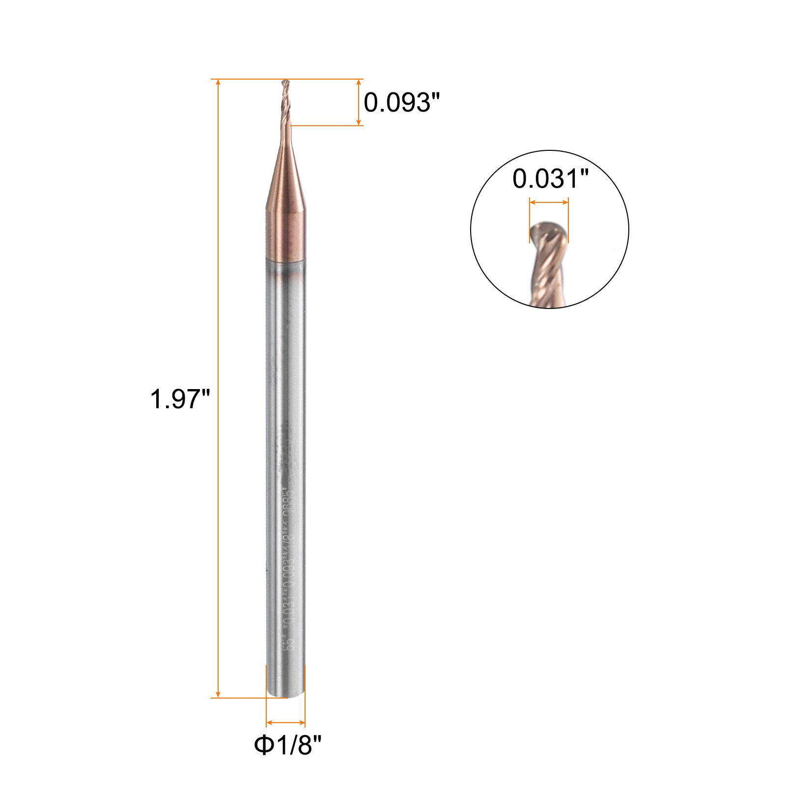 2 Flute Ball Nose End Mill 0.093″ Cutting Length Uncoated for Carving Engraving