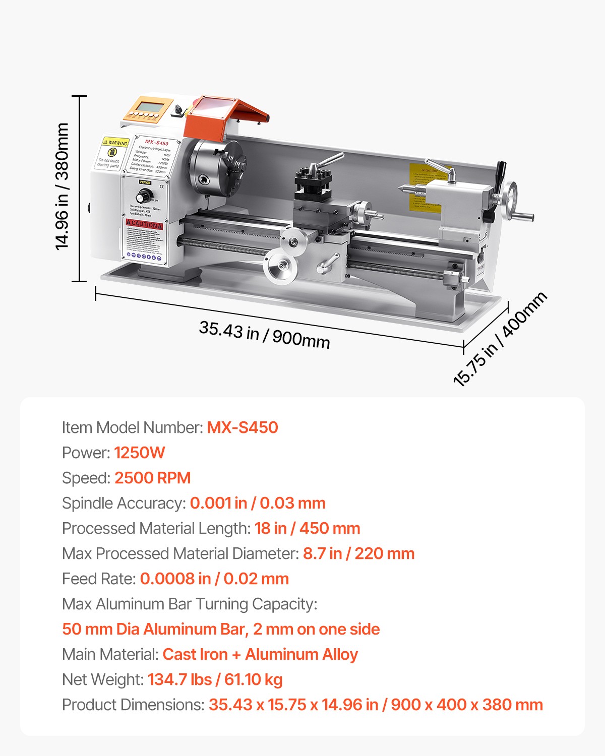 Metal Lathe Machine 8.7 x 18 in Precision Bench Power Metal Lathe Automatic Feed