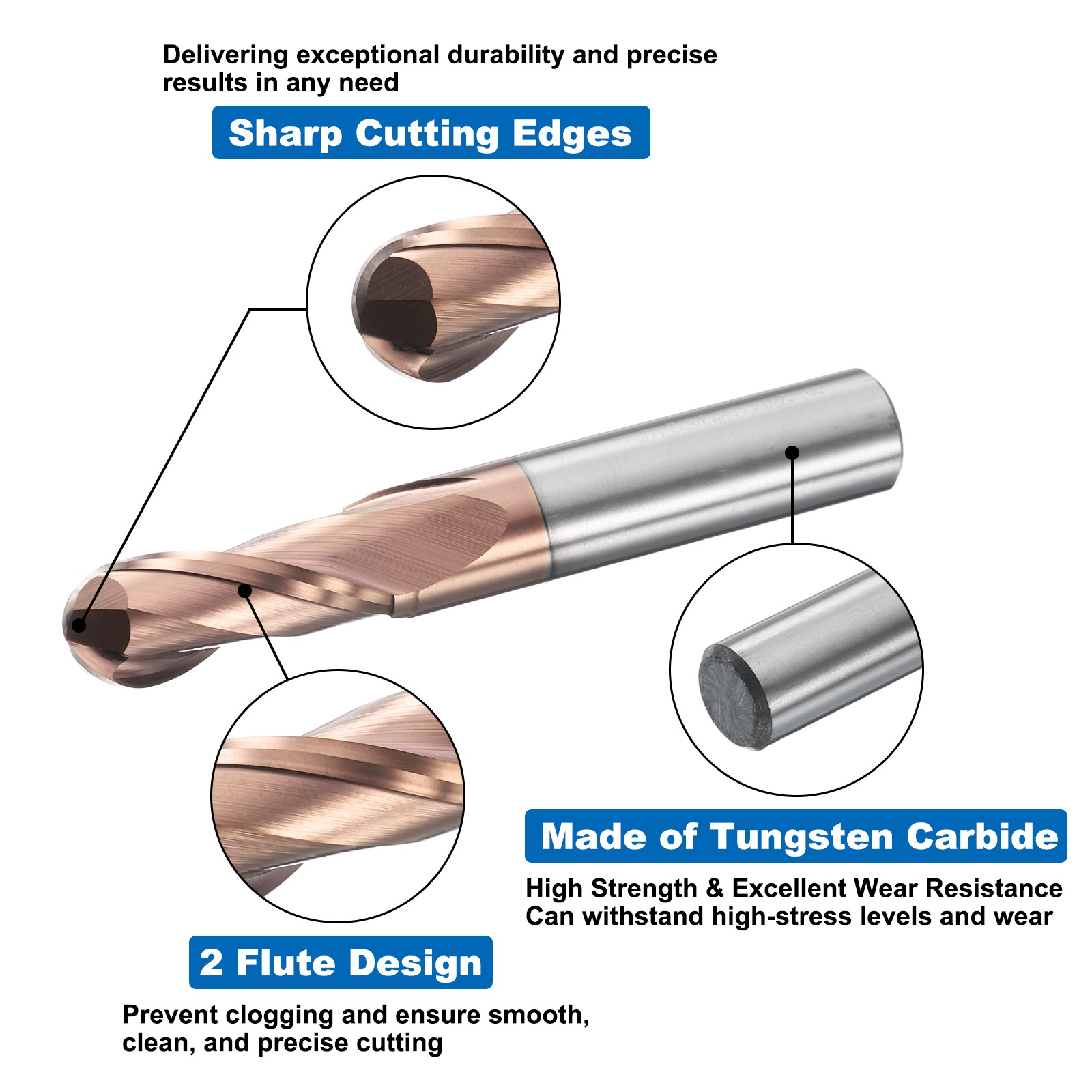 2 Flute Ball Nose End Mill 7/8″ Cutting Length TiAlN Coated for Carving Grinding