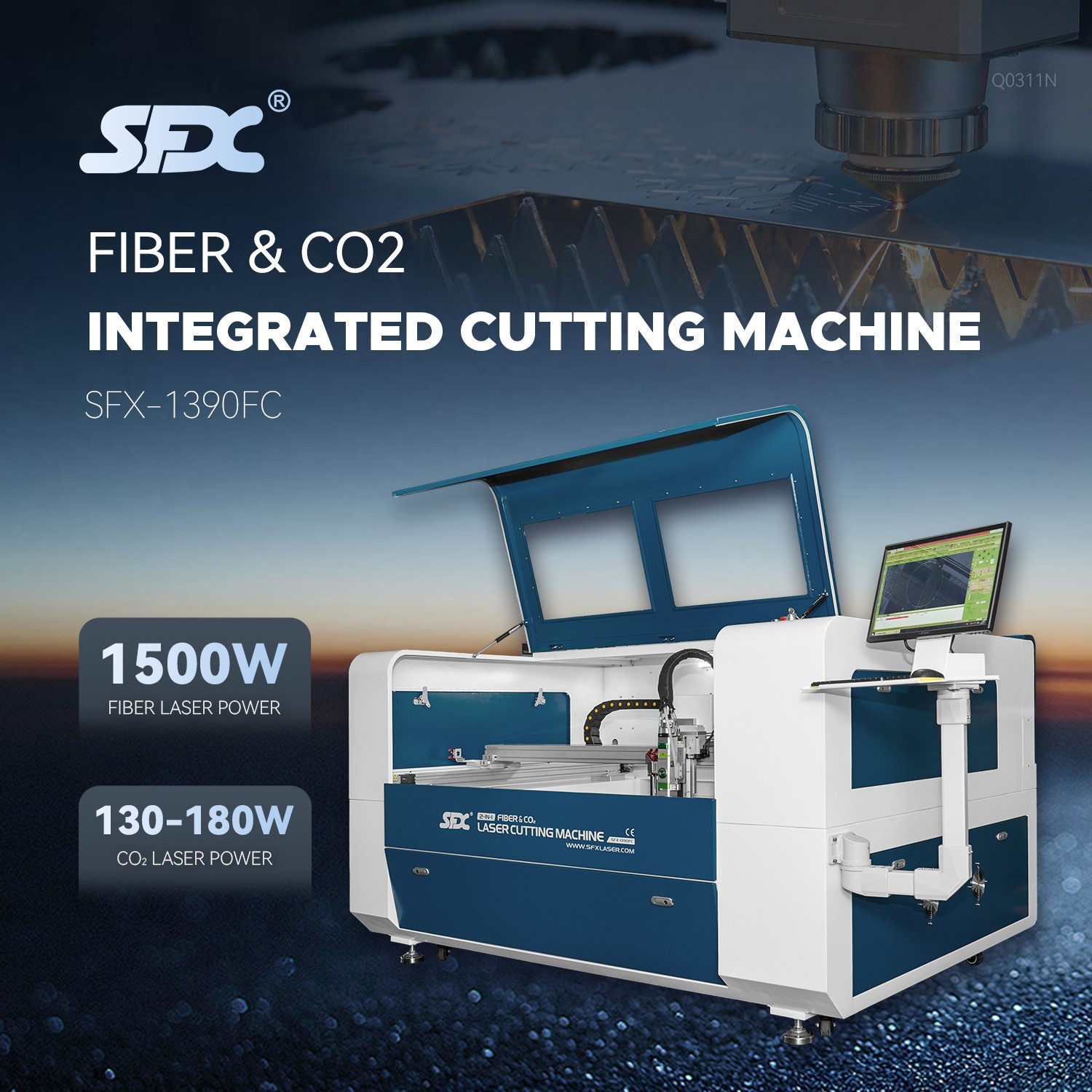 SFX 1500W Fiber and 150W CO2 Integrated Cutting Machine Laser Cutter 1300*900mm