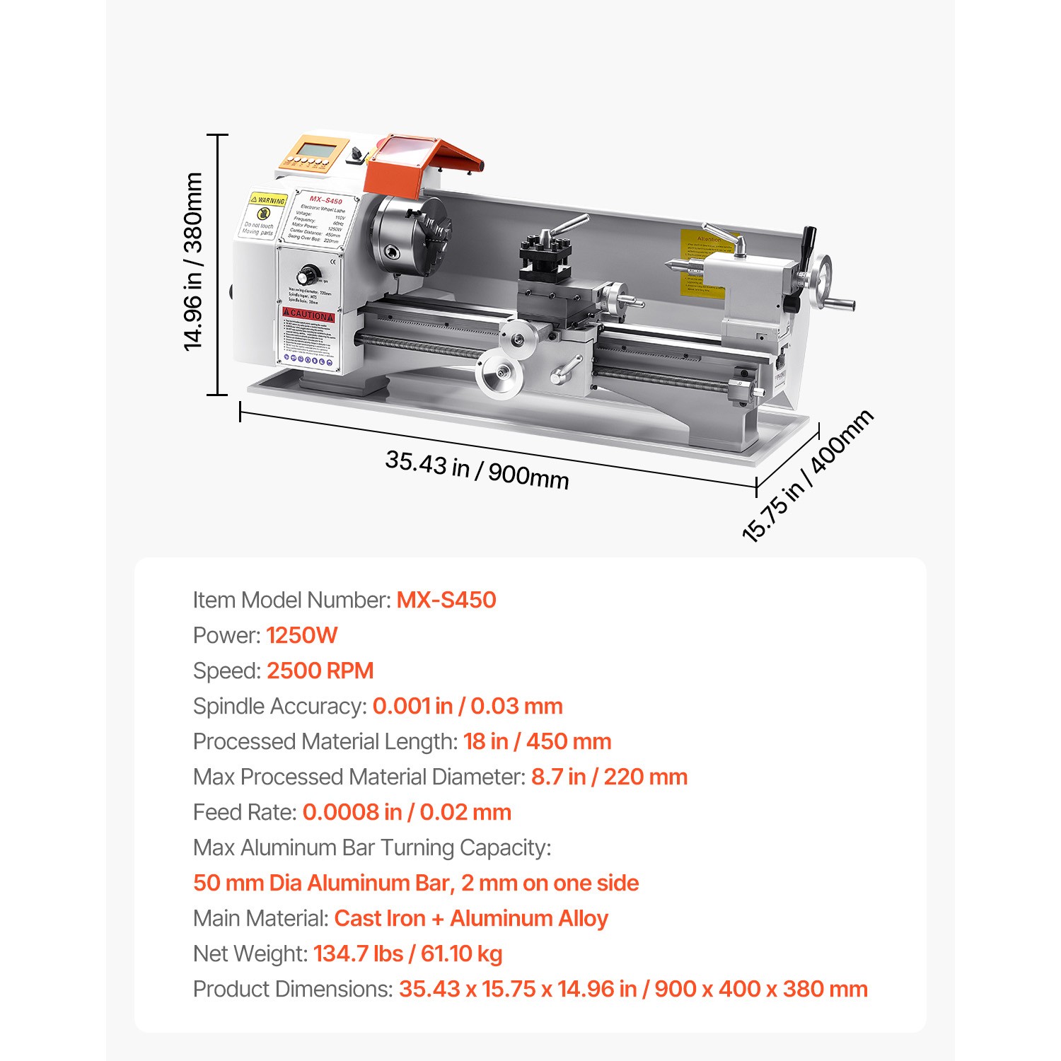 Metal Lathe Machine 8.7 x 18 in Precision Bench Power Metal Lathe Automatic Feed