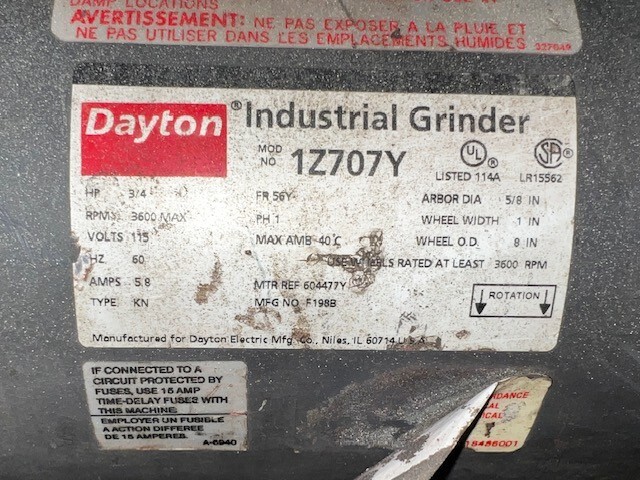 DAYTON INDUSTRIAL GRINDER 1Z707Y 3/4 HP 3600 MAX RPM 115 VOLT 5.8 AMP 8″ WHEEL