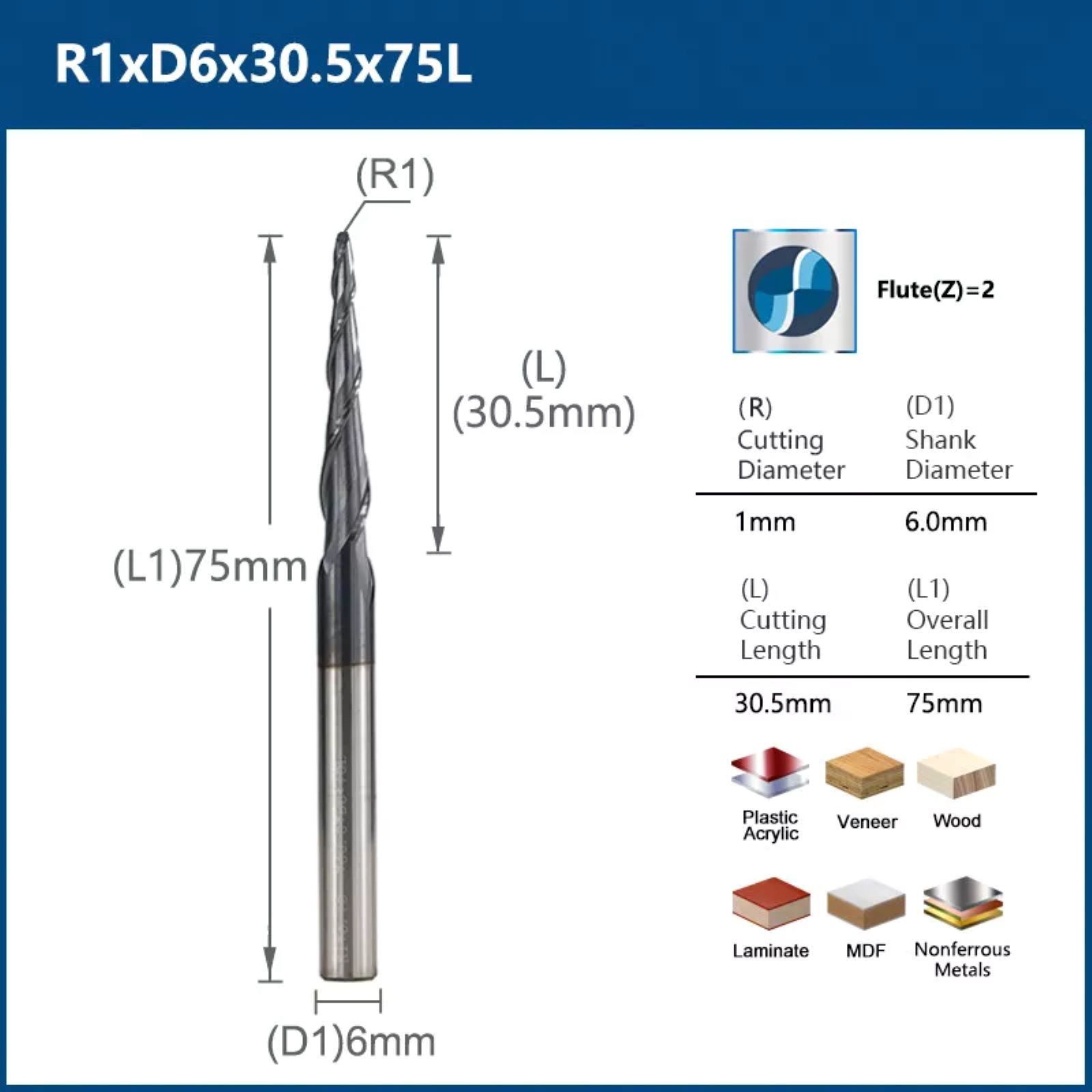 CNC Router Tungsten steel Bit Shank Tapered Spiral End Mill Ball Nose Radius