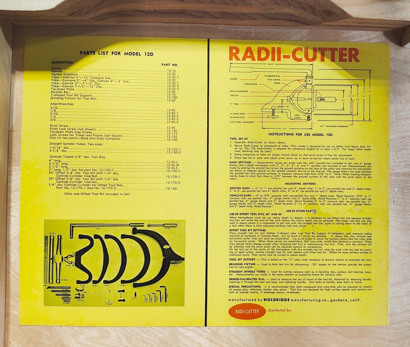 Holdridge Radii-Cutter Model 12d Radius Cutting Attachment in Wood Case A24Z
