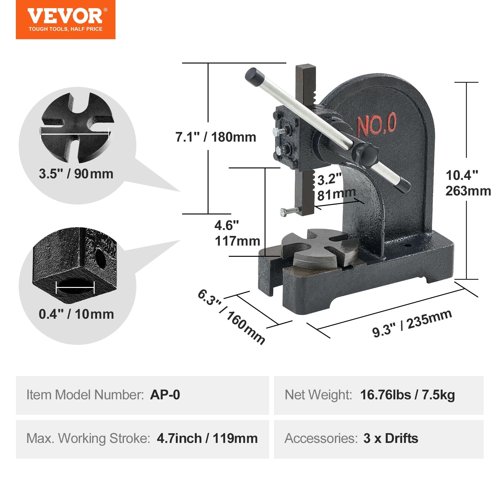 VEVOR Arbor Press, 0.5 Ton Manual Arbor Press, 4.6″ Maximum Height, Cast Iron…