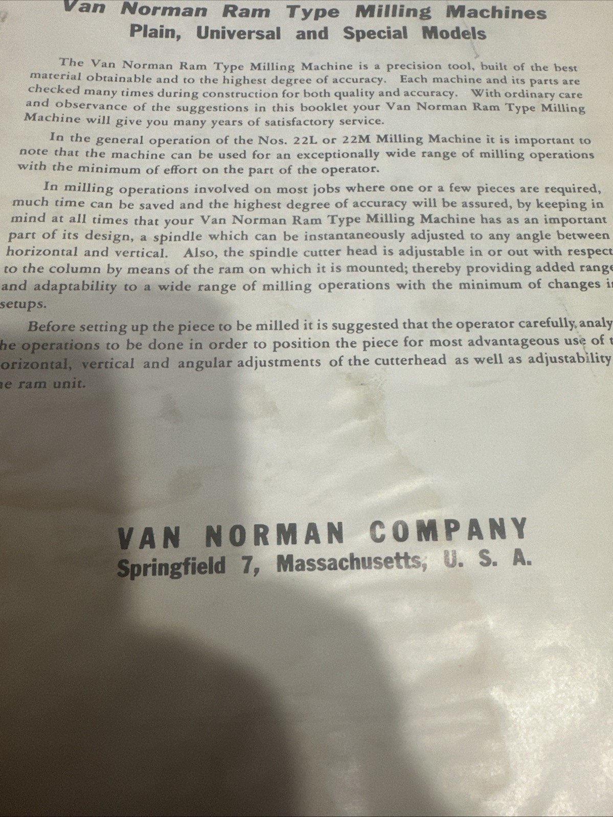Van Norman RAM Type Milling Company 22L 22M Catalog Book