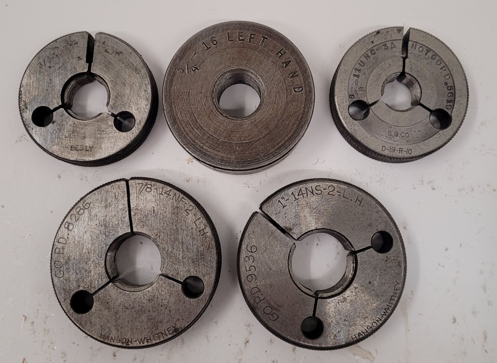 Hanson-Whitney Thread Ring Gauges – Various Sizes – Set of 5