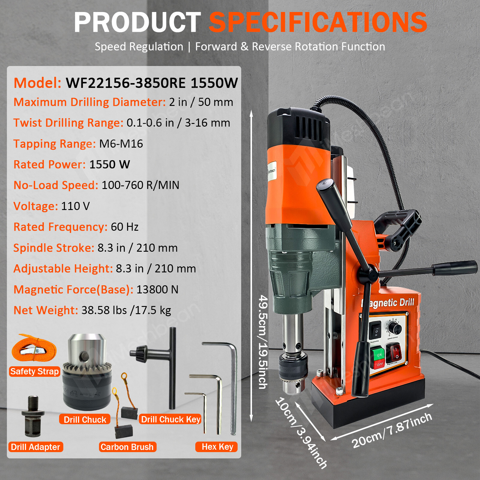 Magnetic Drill Press 1550W Coring/Tapping/Drilling Machine 13800N 760RPM 2″ Core