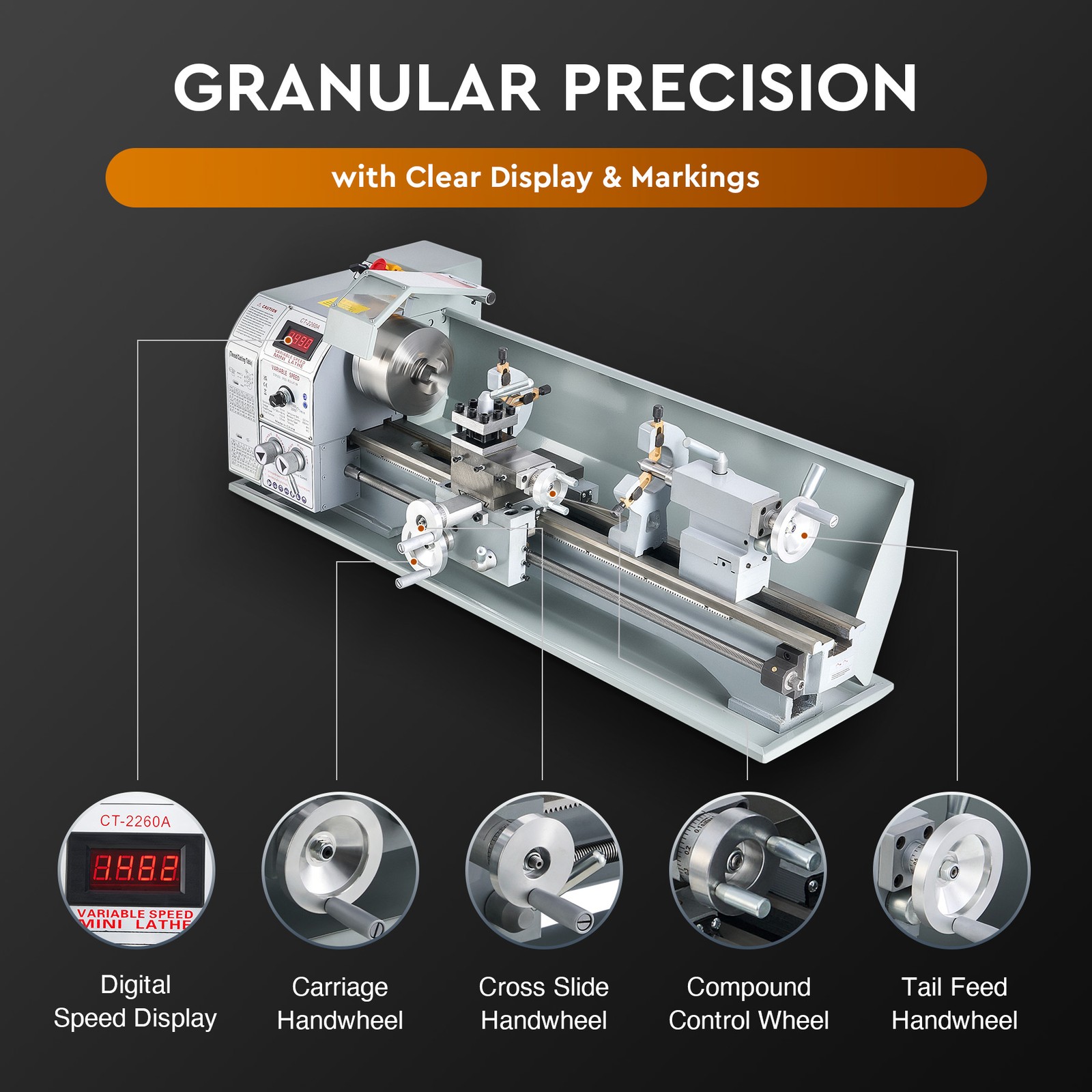9×24″ Mini Metal Lathe 1100W DC Motor 3-Jaw Chuck LCD Display Metalworking