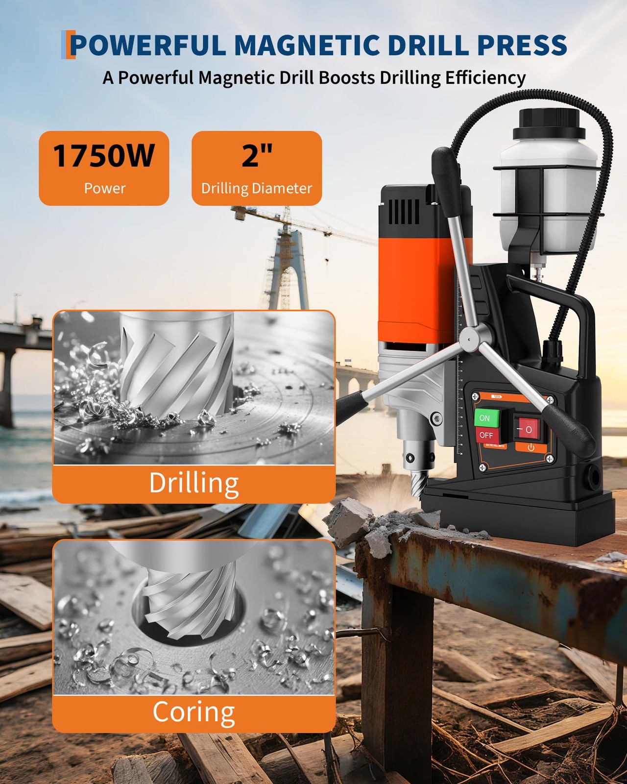 2 in Magnetic Drill 1750W 2922Lbf Power Portable Mag Drill Press Boring Diameter